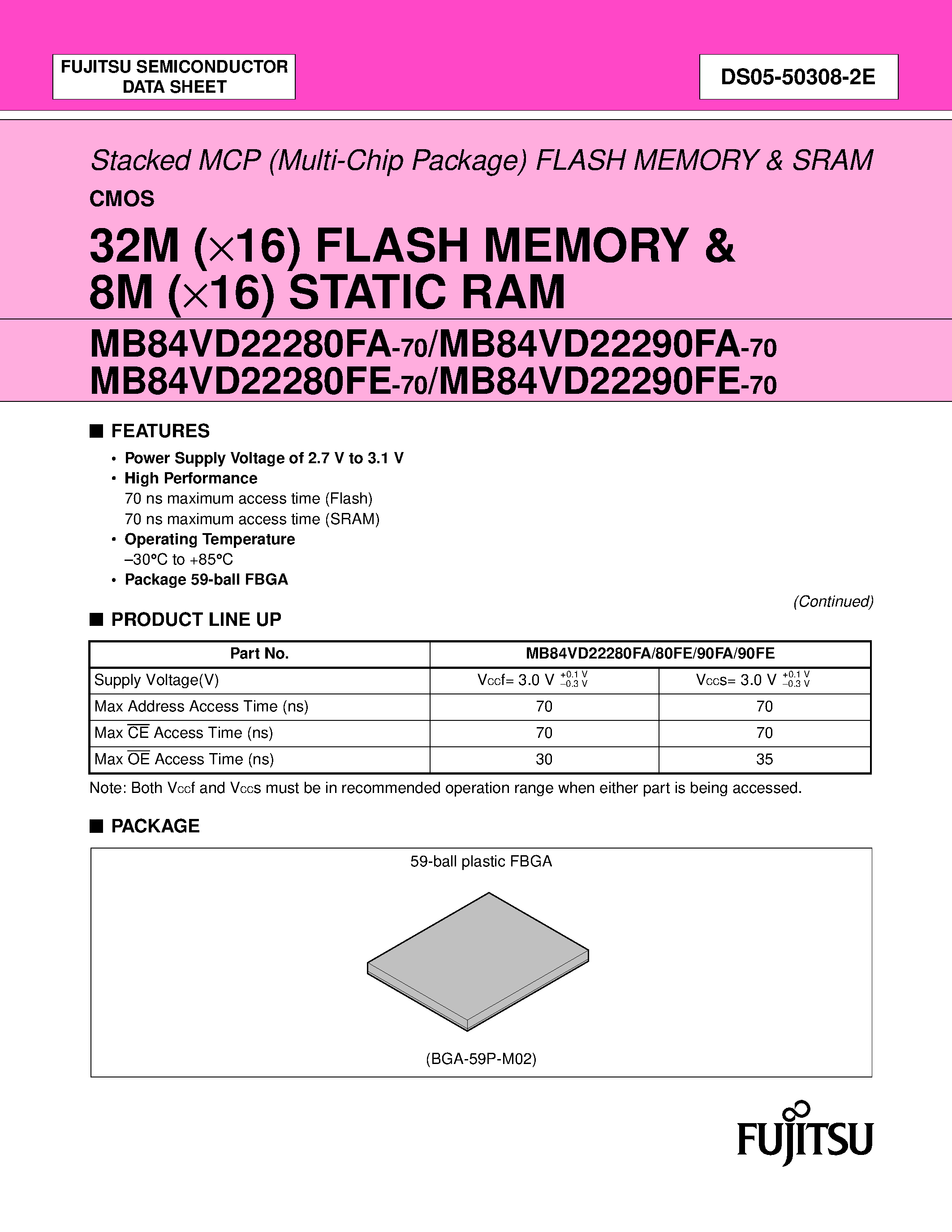 Даташит на микросхему MB84VD22280FA-70 страница 1 Даташит MB84VD22280FA-70 - (MB84VD222x0Fx-70) 32M (X16) FLASH MEMORY & 8M (X16) STATIC RAM страница 1