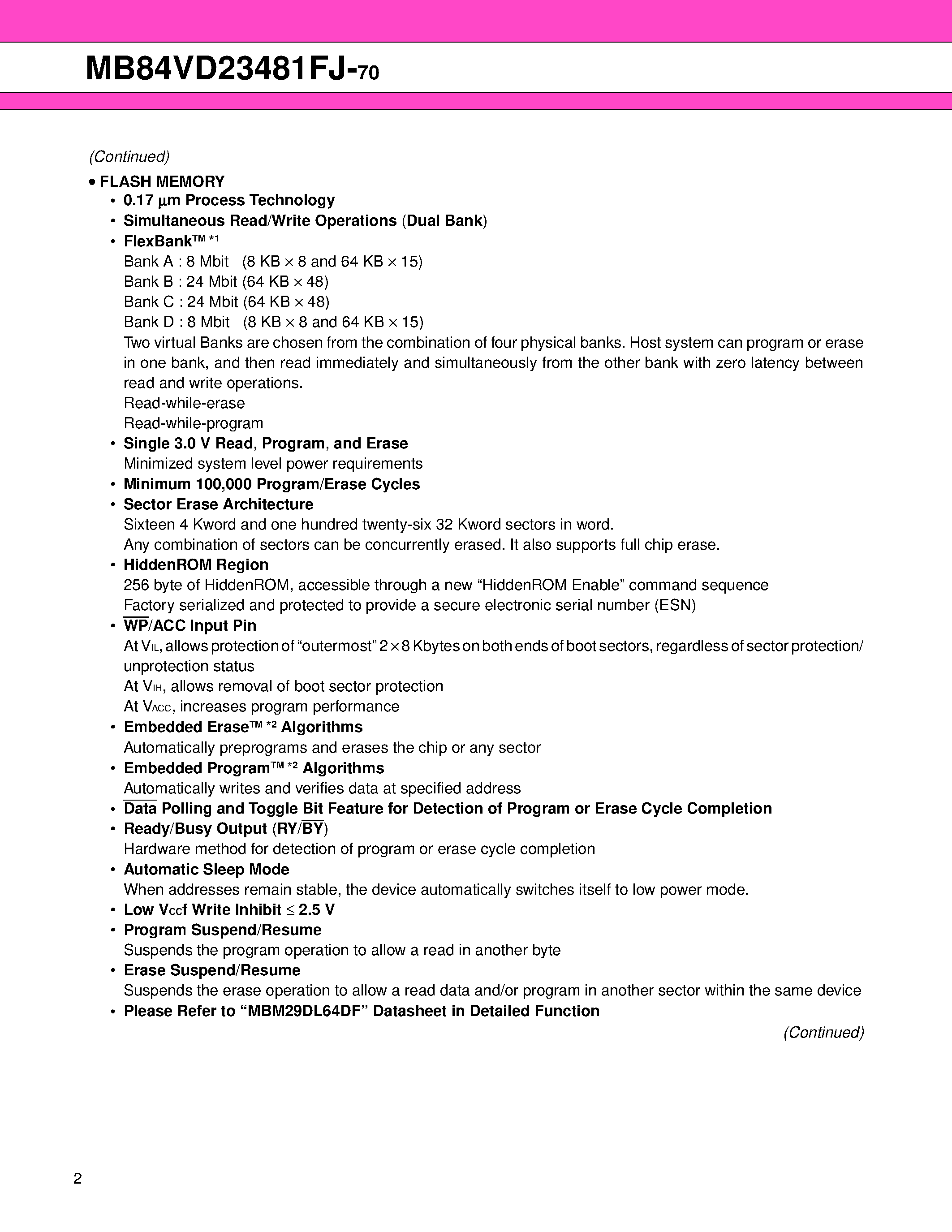 Даташит MB84VD23481FJ-70 - 64 M (X16) FLASH MEMORY & 32 M (X16) Mobile FCRAM страница 2