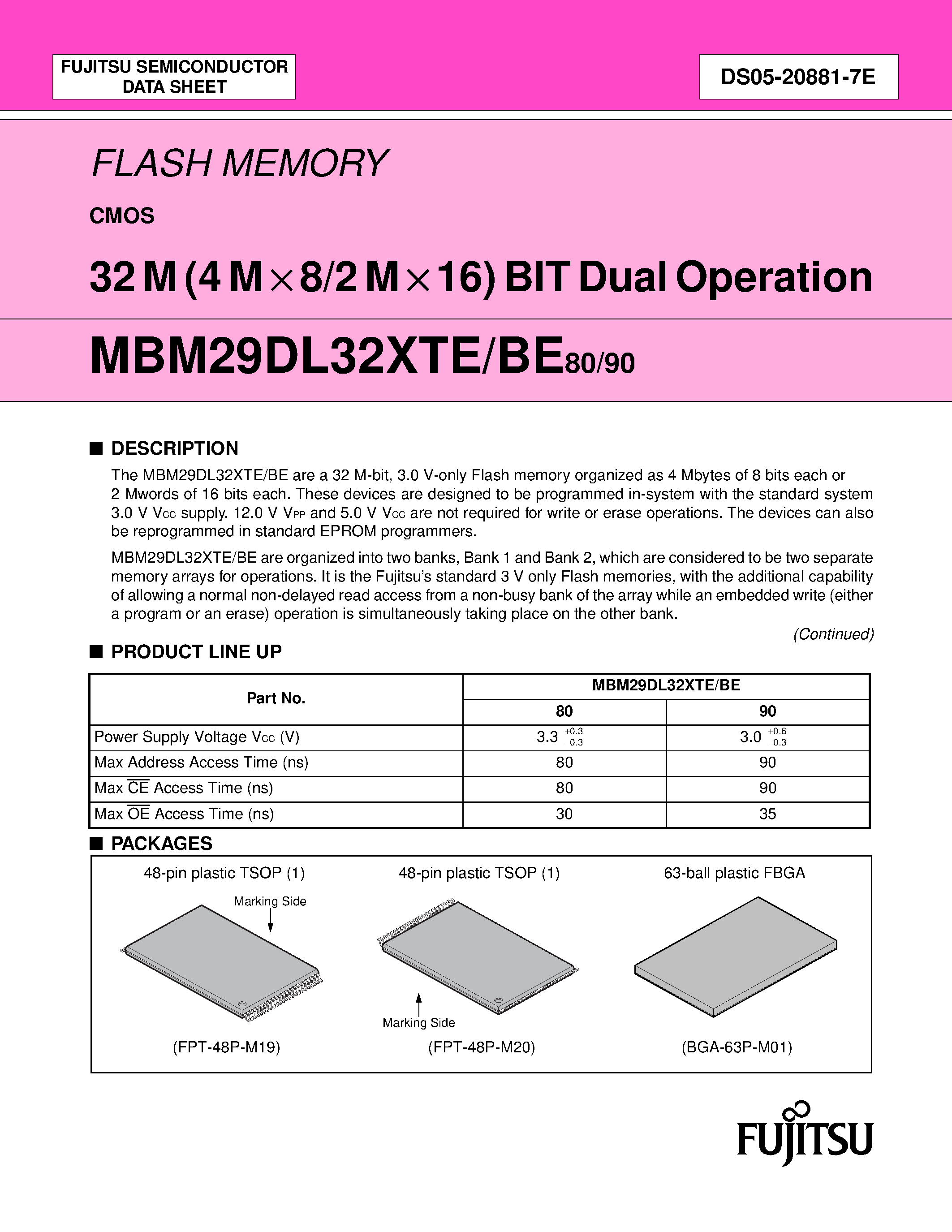Datasheet MBM29DL322BE - (MBM29DL32xTE/BE) FLASH MEMORY CMOS 32 M (4 M X 8/2 M X 16) BIT page 1