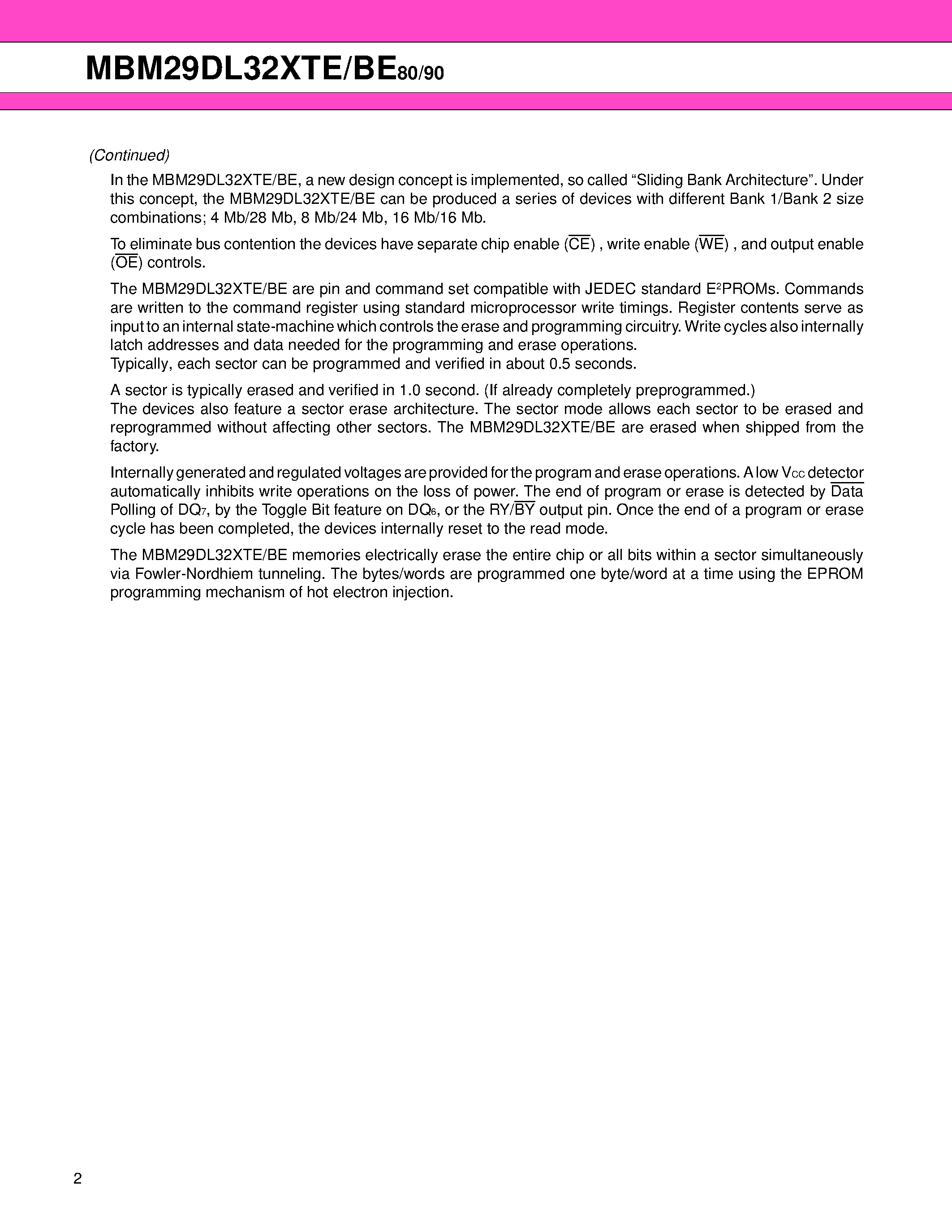 Datasheet MBM29DL322BE - (MBM29DL32xTE/BE) FLASH MEMORY CMOS 32 M (4 M X 8/2 M X 16) BIT page 2