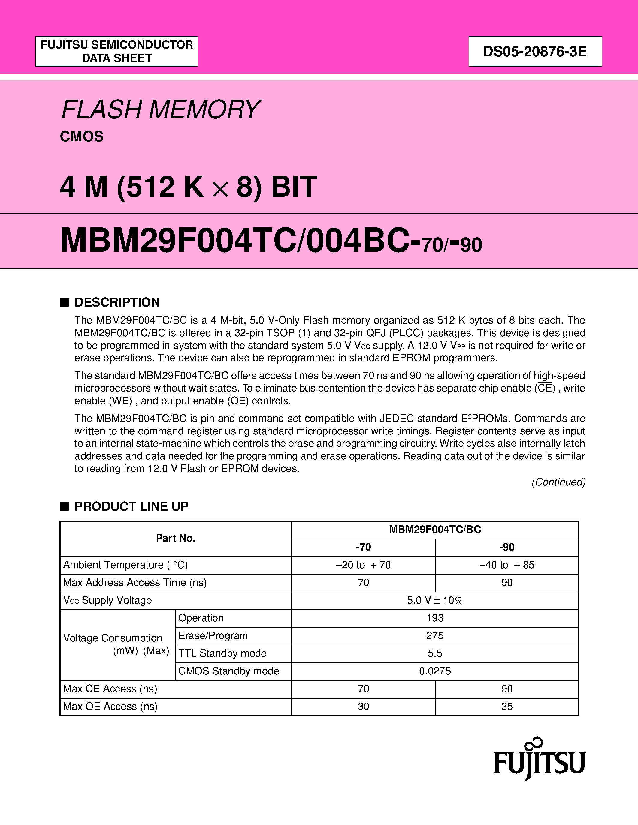 Даташит MBM29F004BC - (MBM29F004BC/TC) FLASH MEMORY CMOS 4 M (512 K X 8) BIT страница 1