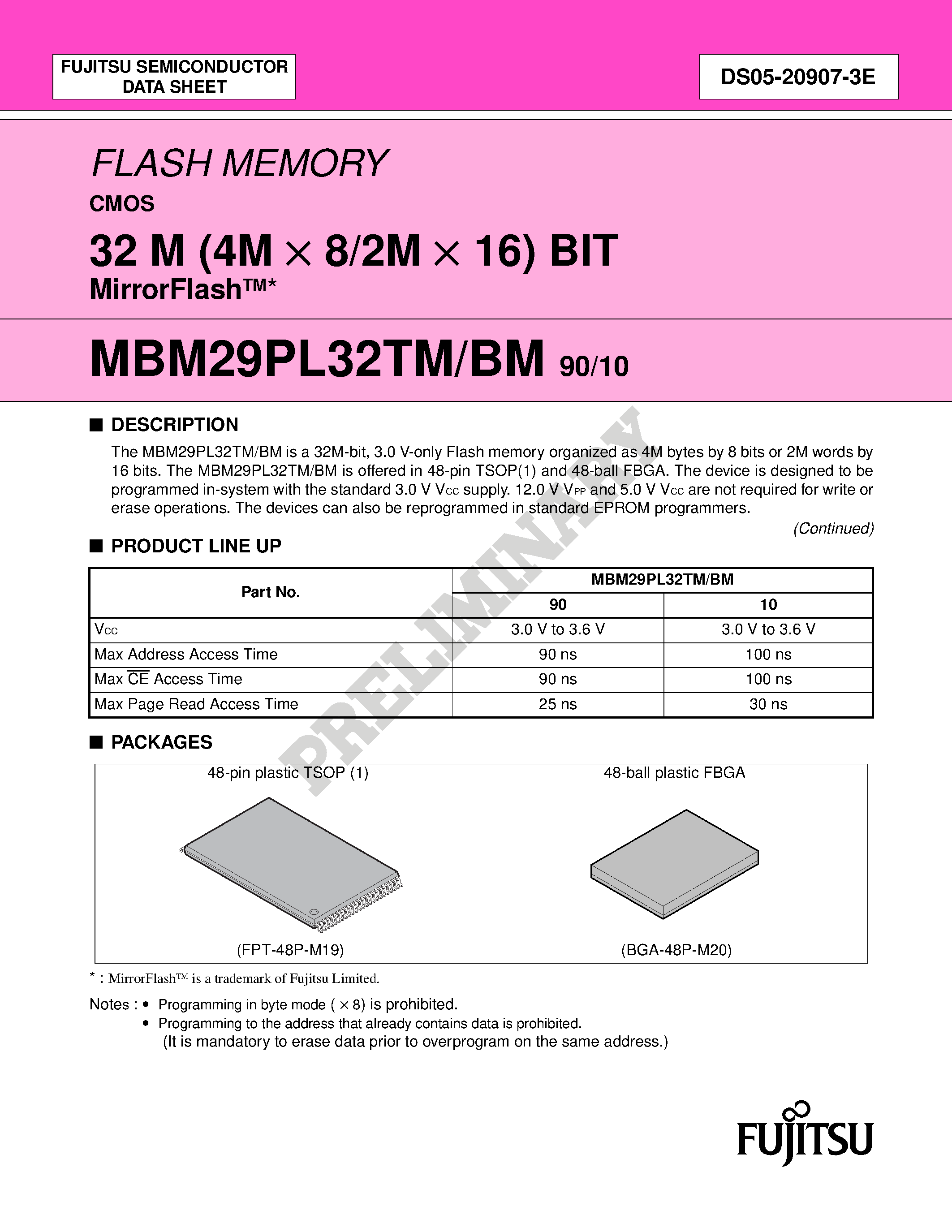 Datasheet MBM29PL32BM - (MBM29PL32TM/BM) FLASH MEMORY CMOS 32 M (4M X 8/2M X 16) BIT MirrorFlash page 1
