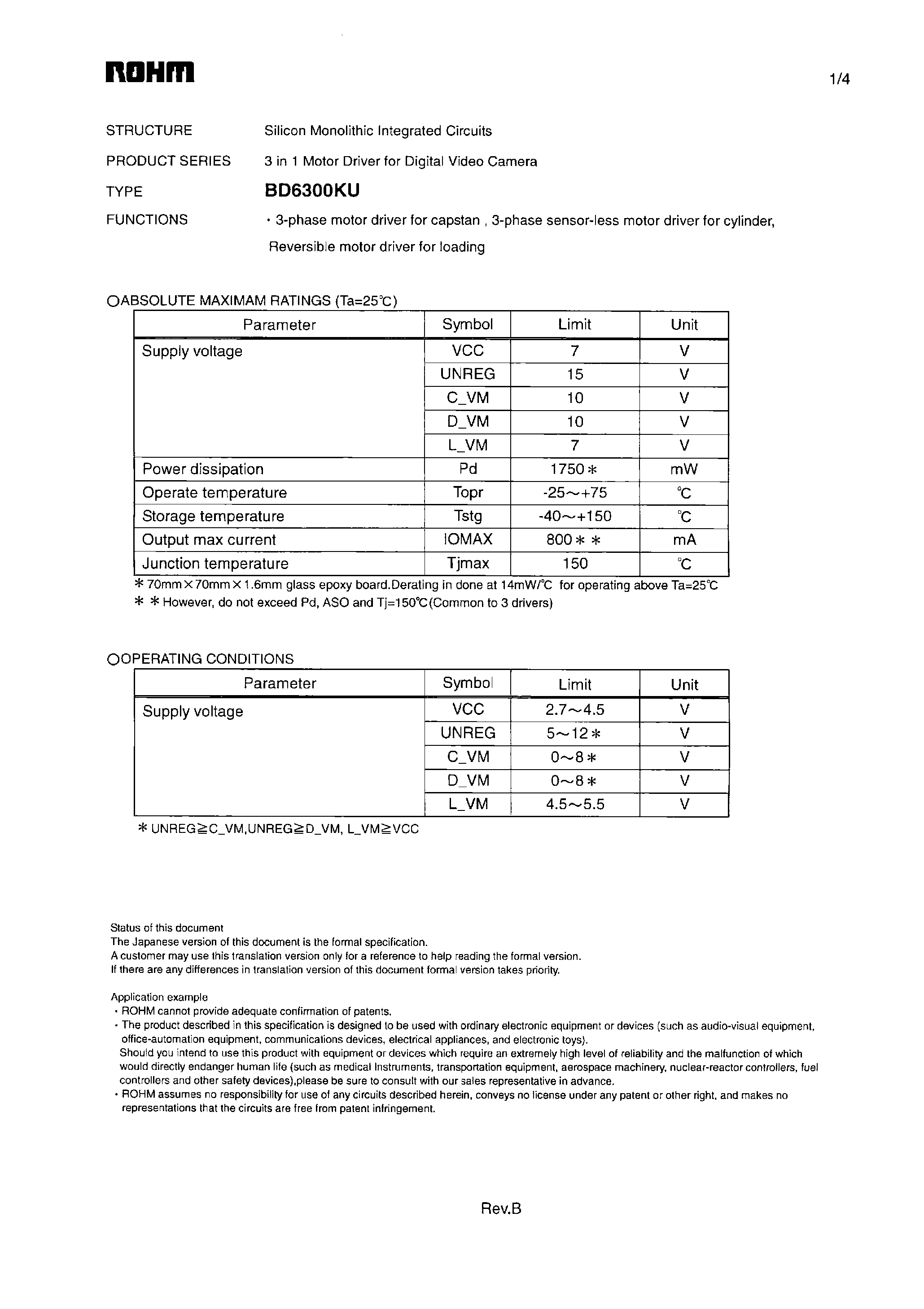 Datasheet BD6300KU page 1 Datasheet BD6300KU - 3 in 1 Motor Driver page 1