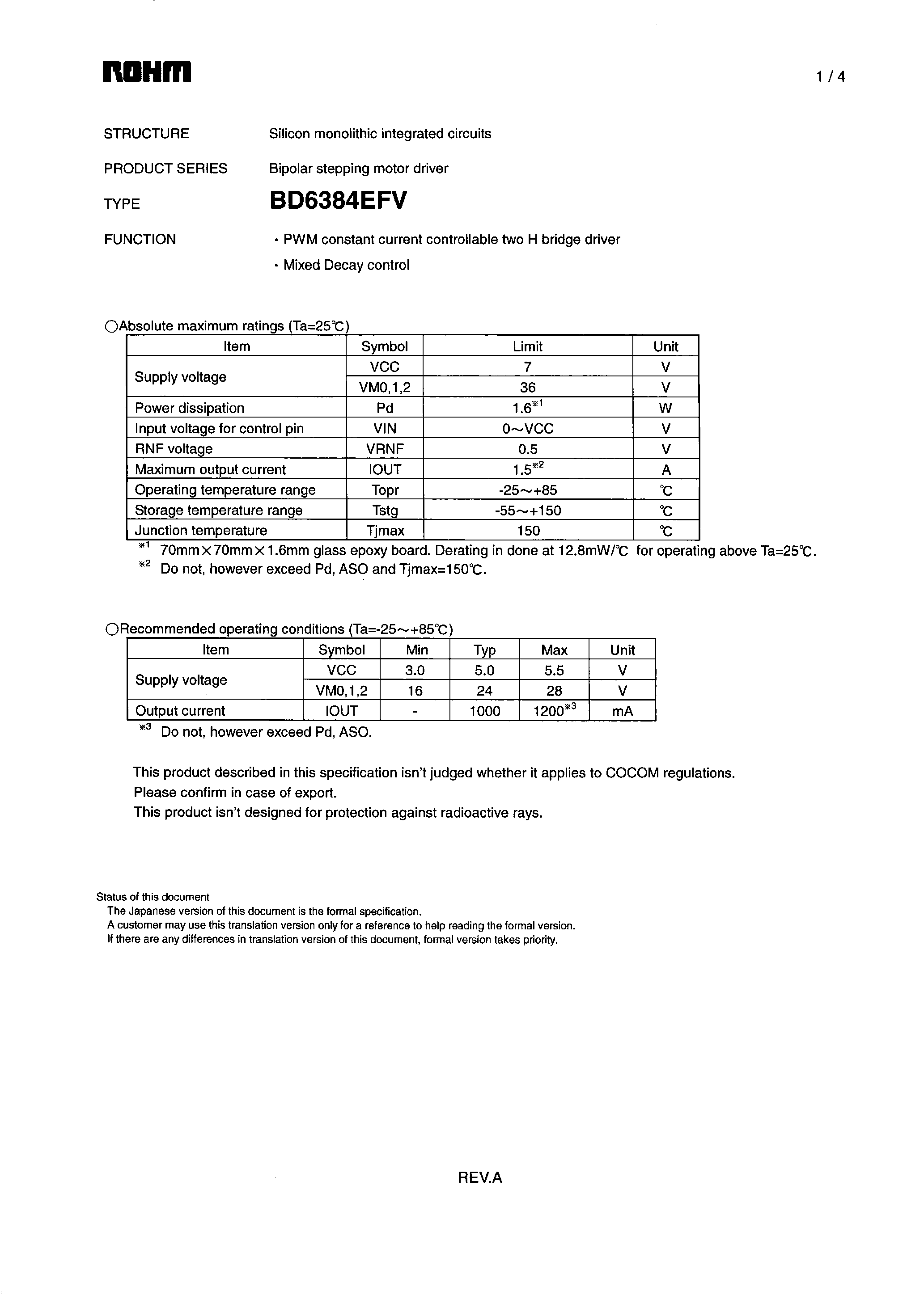 Даташит BD6384EFV - Bipolar stepping motor driver страница 1