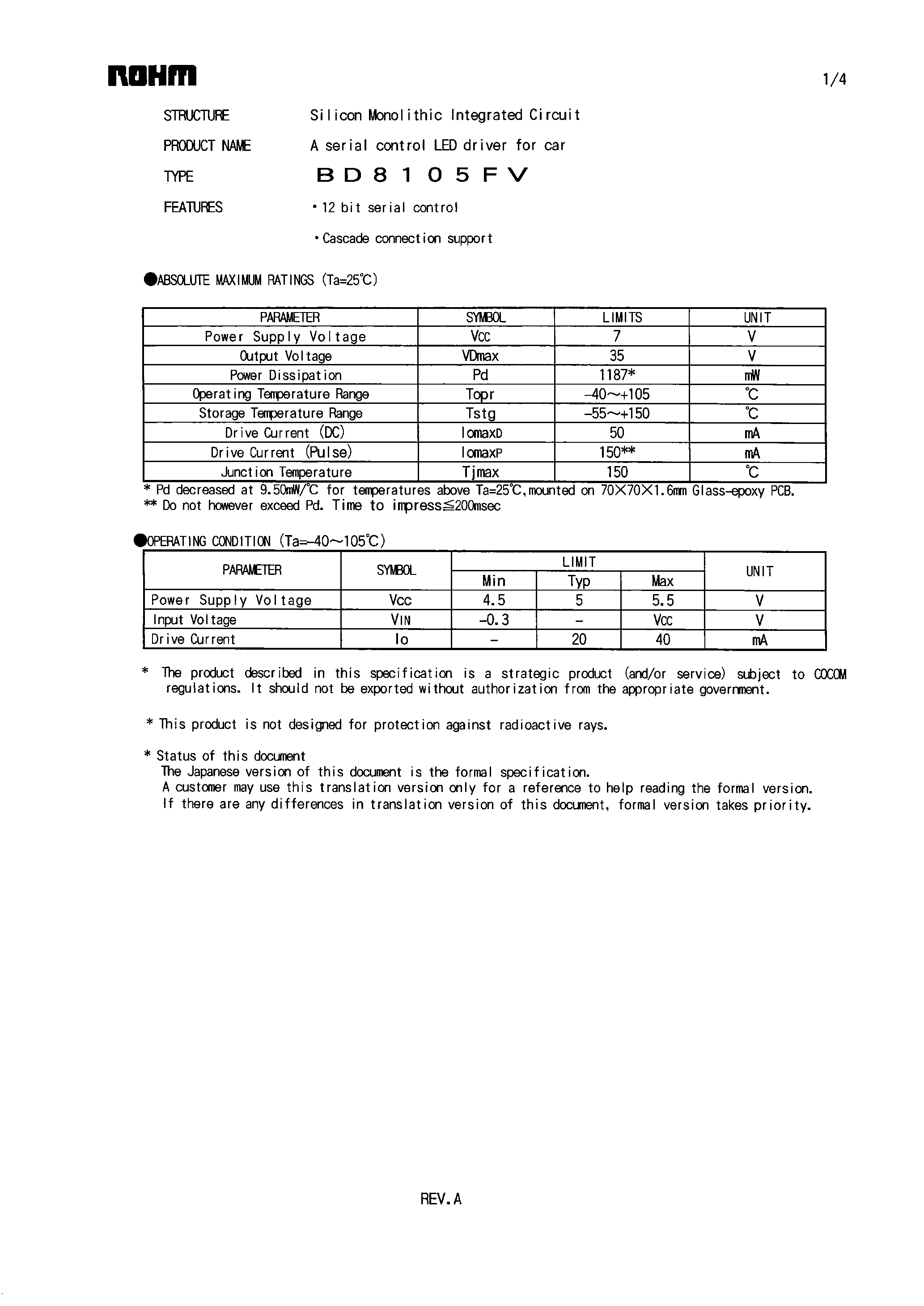 Datasheet BD8105FV - A serial control LED driver page 1