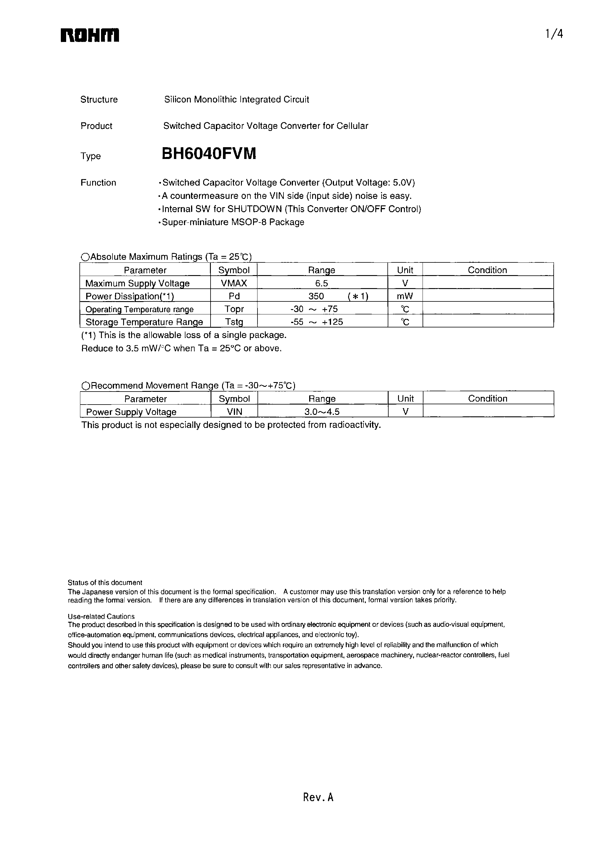 Даташит BH6040FVM - Switched Capacitor Voltage Converter страница 1