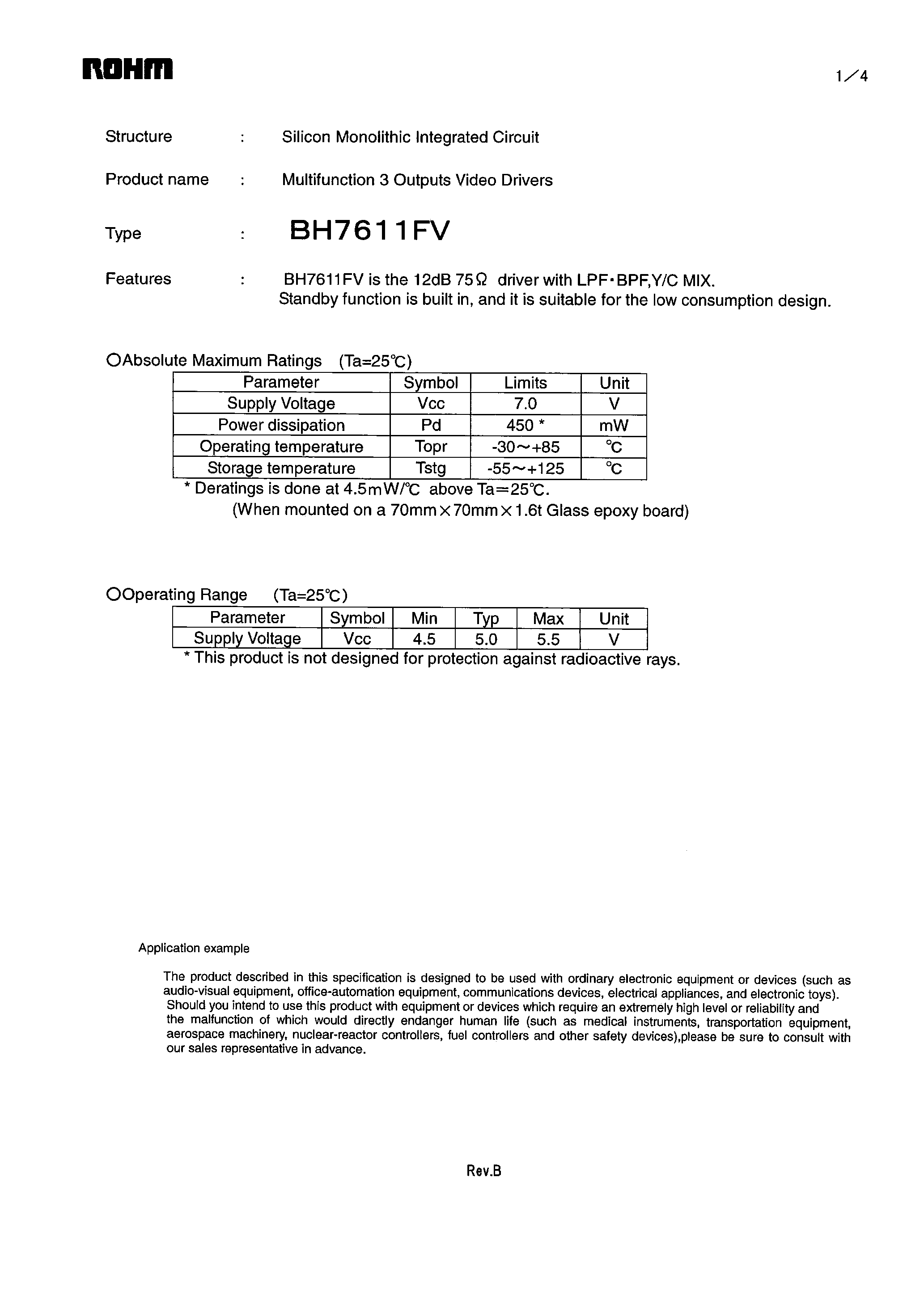 Datasheet BH7611FV page 1 Datasheet BH7611FV - Multifunction 3 Outputs Video Drivers page 1