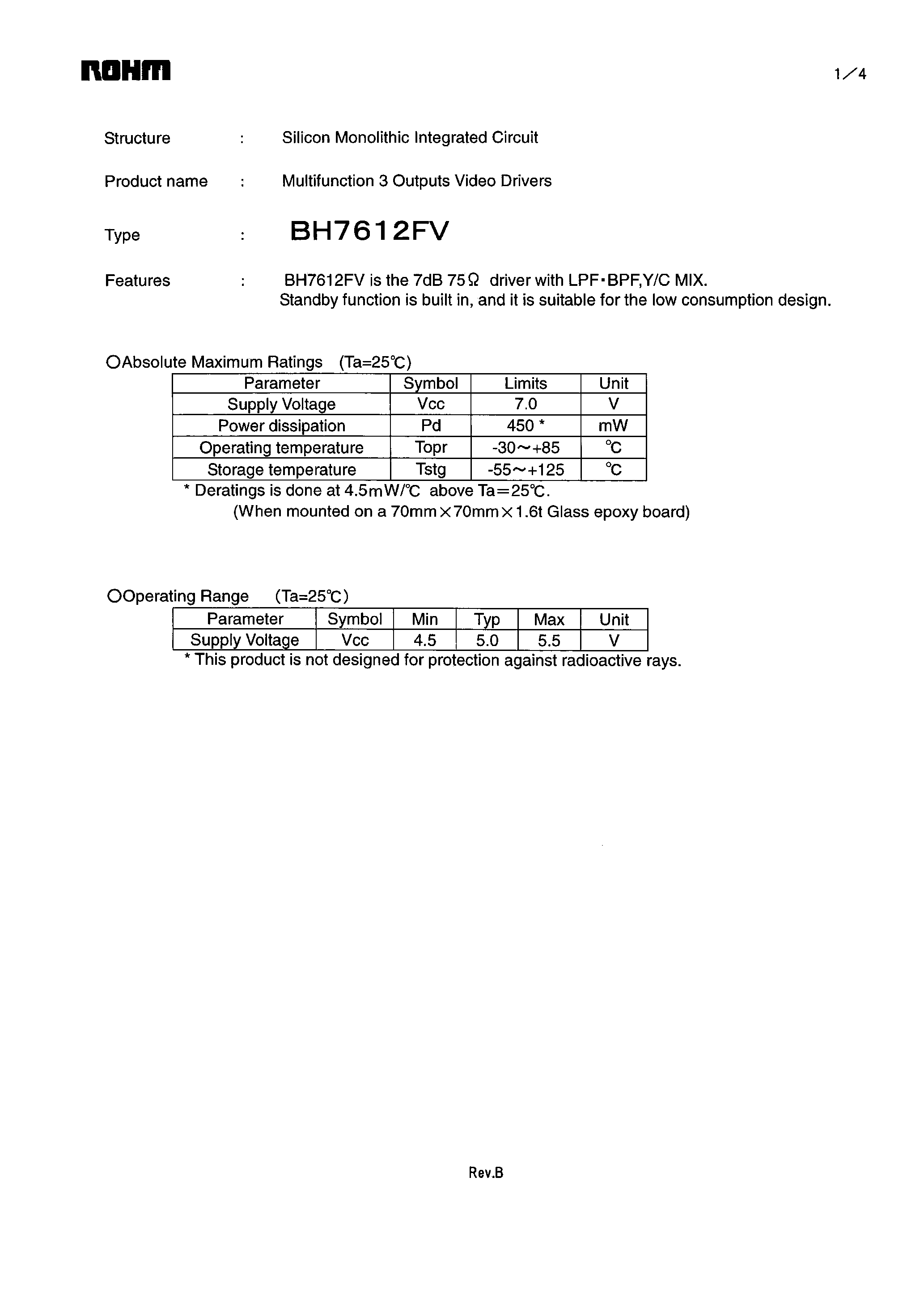 Datasheet BH7612FV page 1 Datasheet BH7612FV - Multifunction 3 Outputs Video Drivers page 1