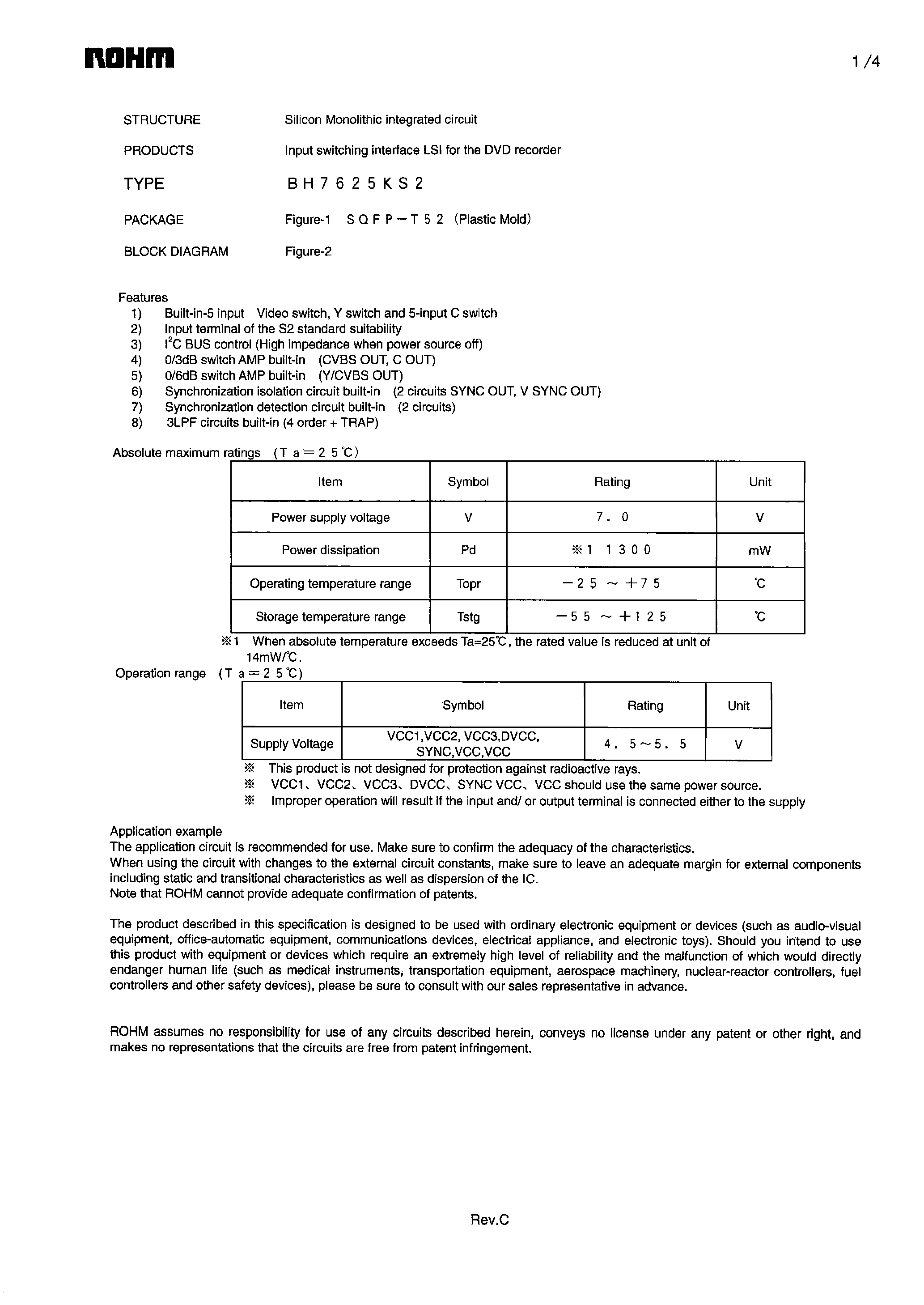 Даташит на микросхему BH7625KS2 страница 1 Даташит BH7625KS2 - Input switching interface LSI страница 1