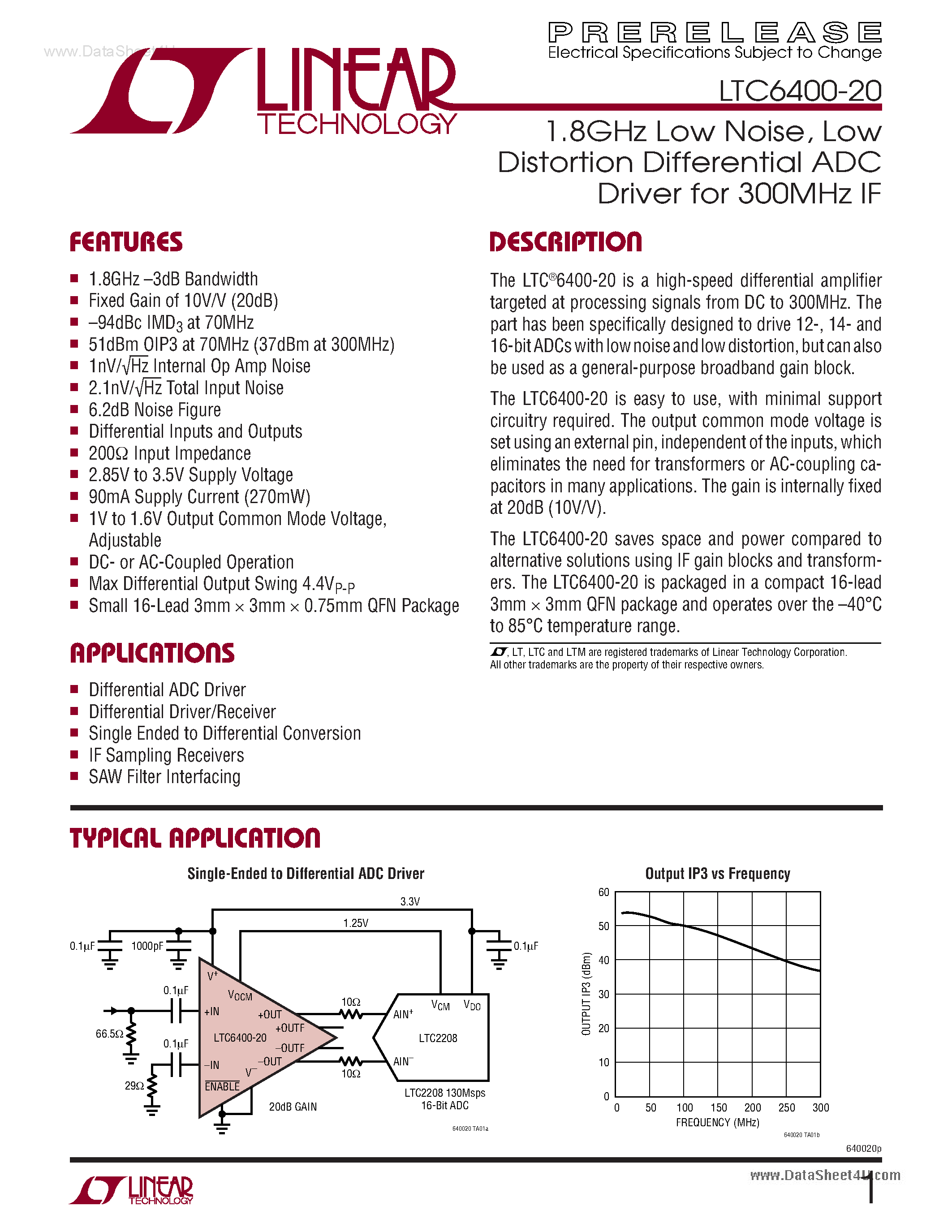 Datasheet LTC6400-20 - Low Distortion Differential ADC Driver page 1