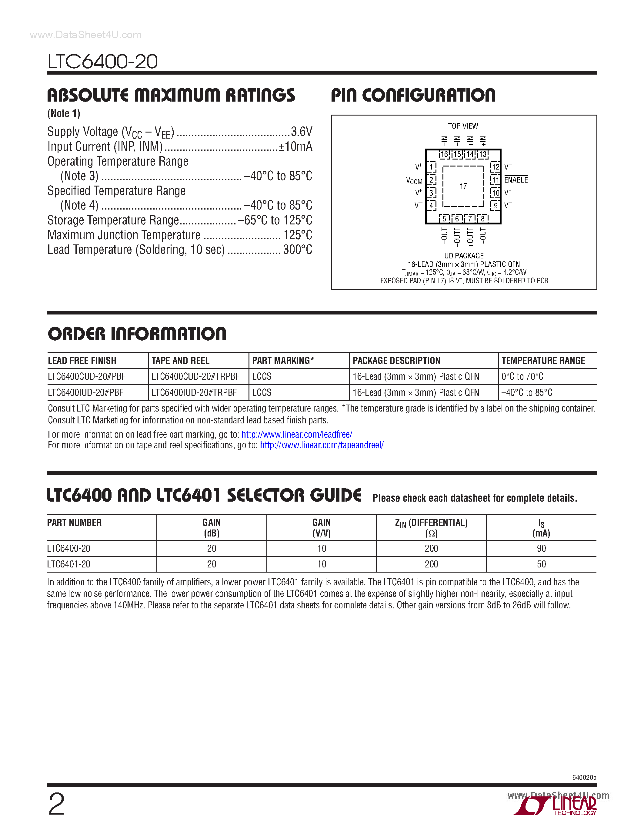 Datasheet LTC6400-20 - Low Distortion Differential ADC Driver page 2