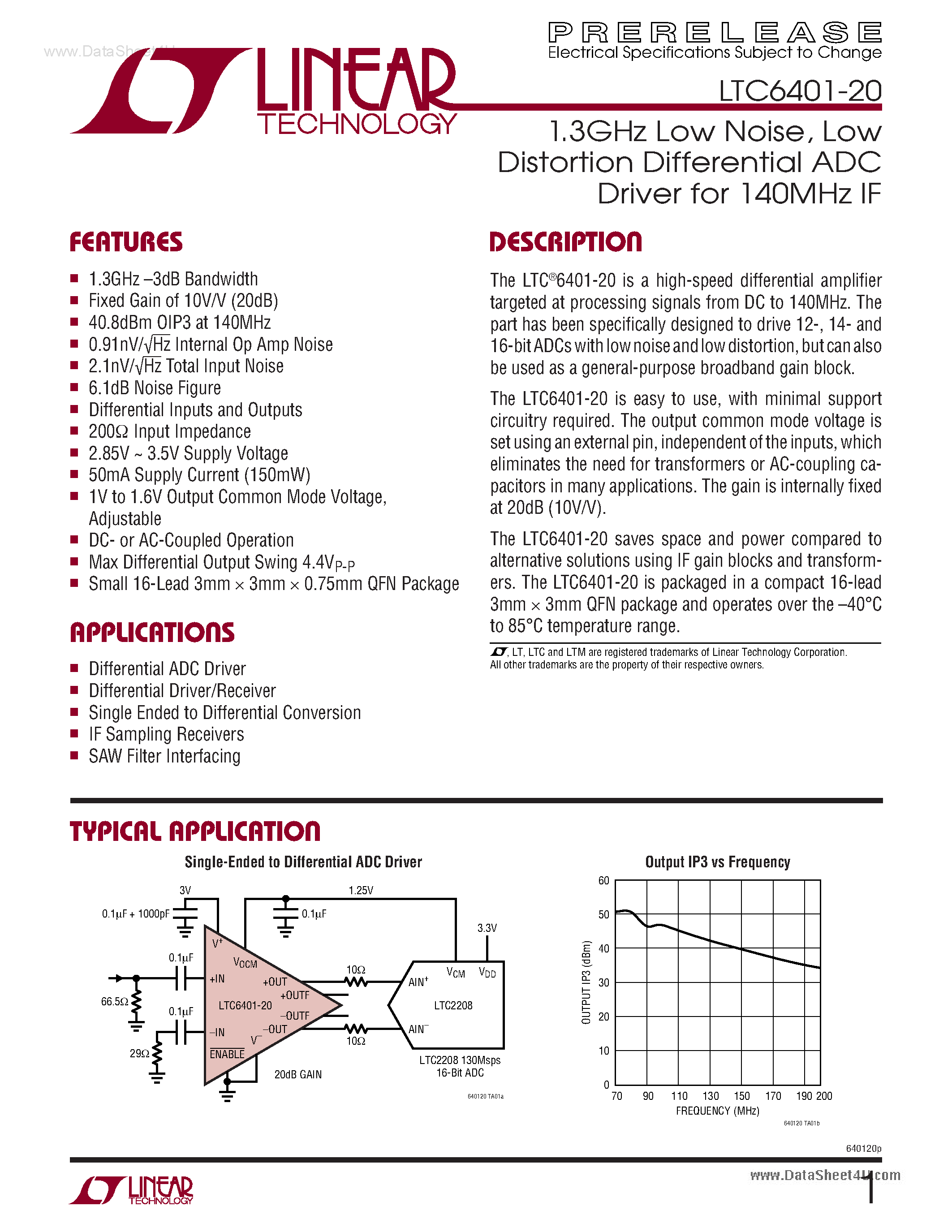 Datasheet LTC6401-20 - Low Distortion Differential ADC Driver page 1