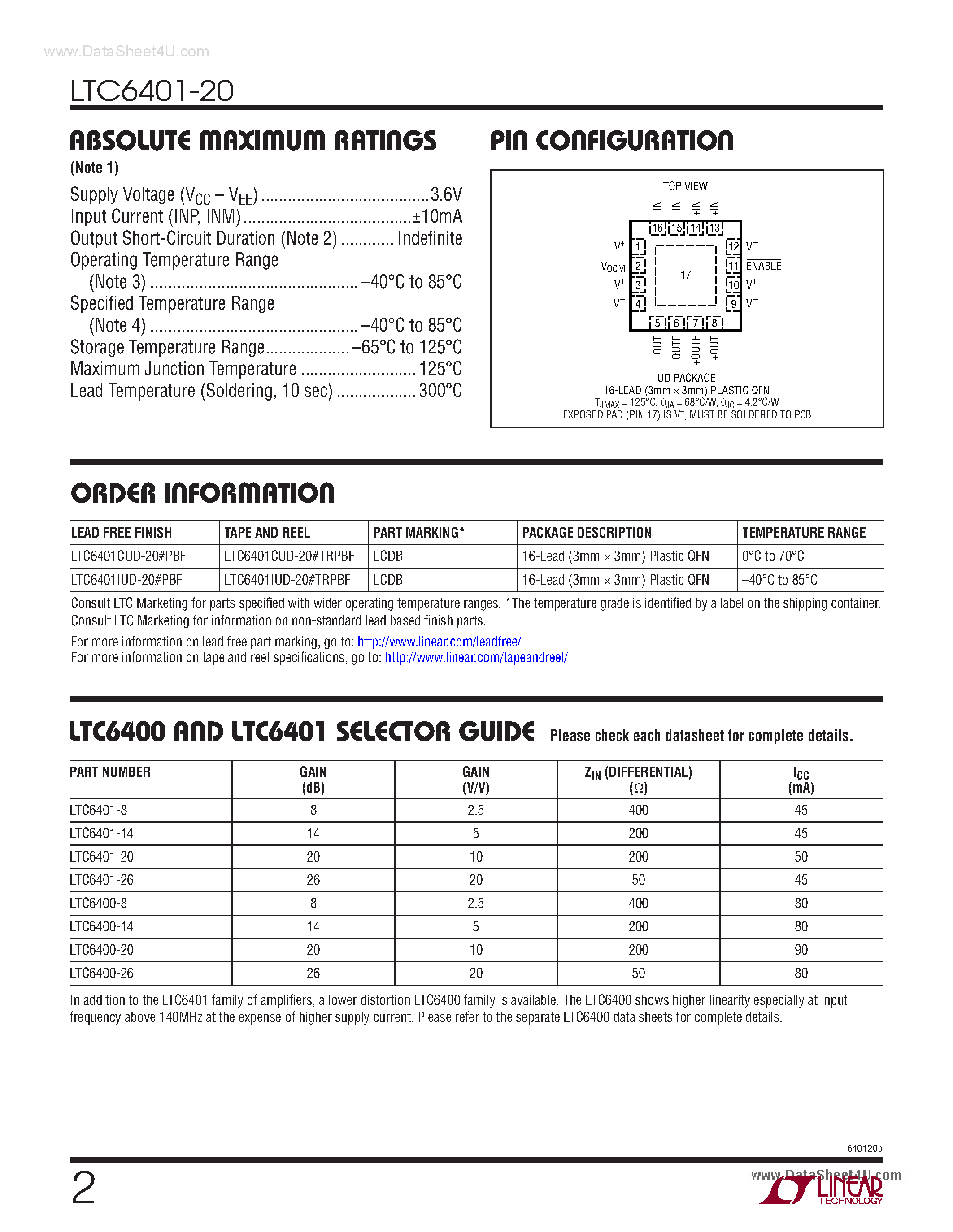 Datasheet LTC6401-20 - Low Distortion Differential ADC Driver page 2