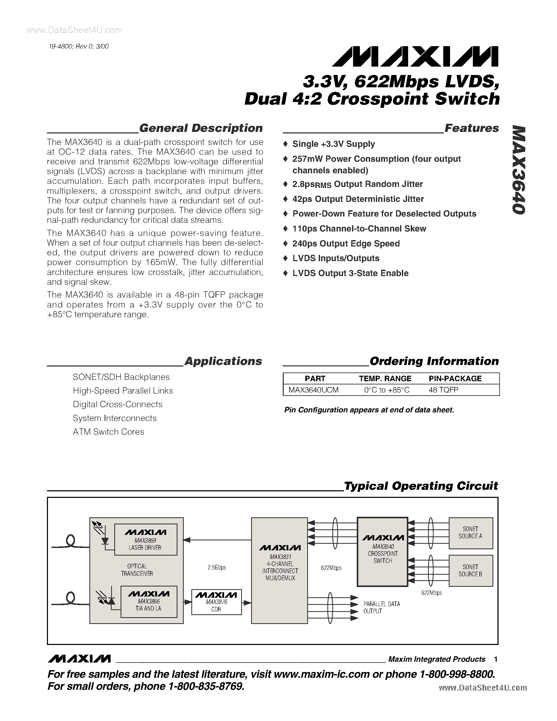 Datasheet MAX3640 - Dual 4:2 Crosspoint Switch page 1