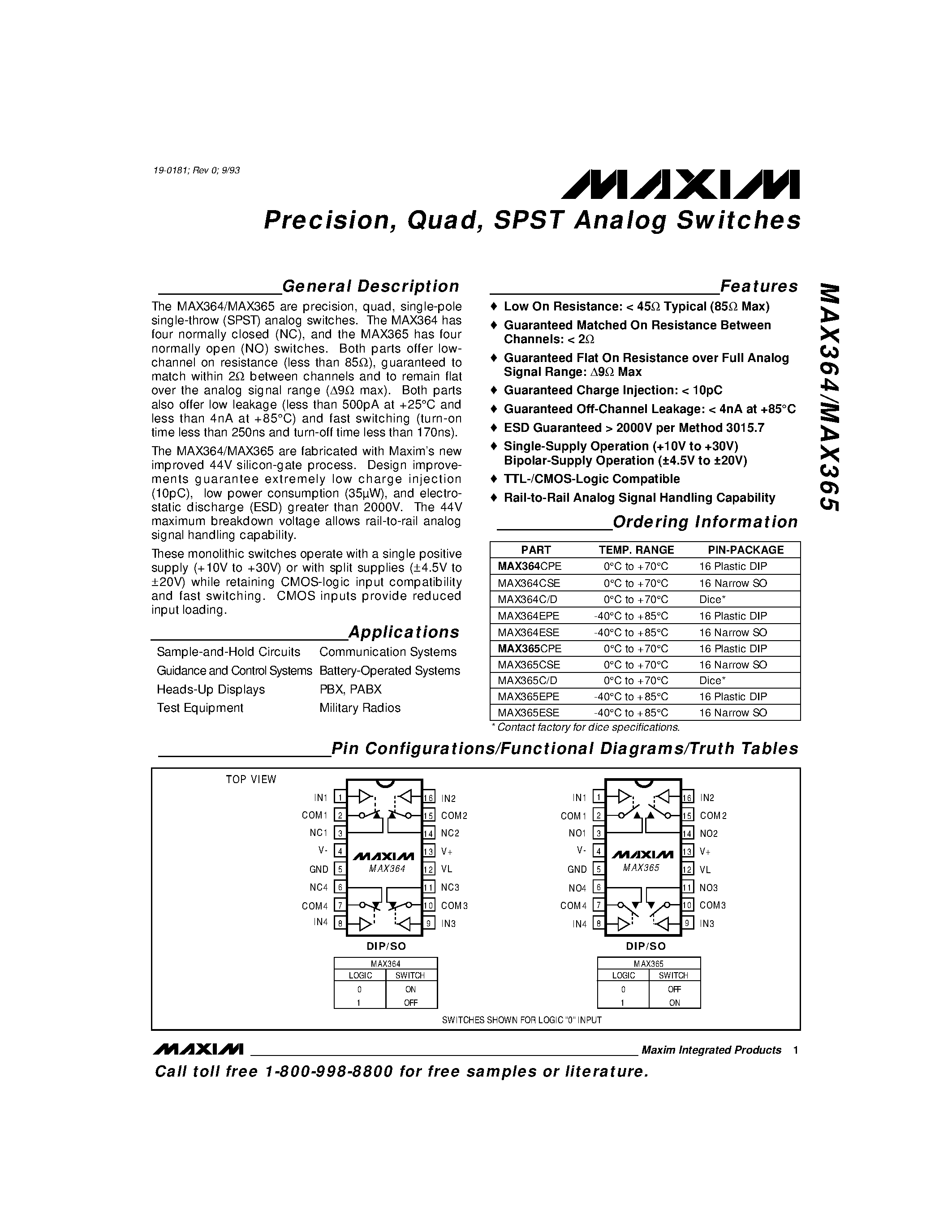 Datasheet MAX364 - Precision / Quad / SPST Analog Switches page 1