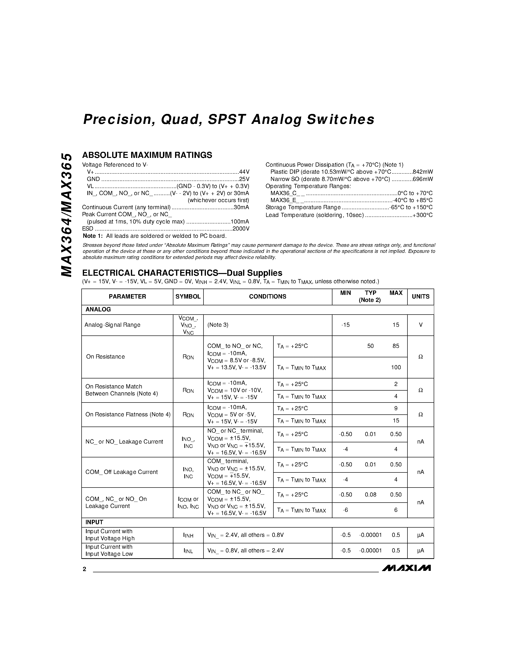 Datasheet MAX364 - Precision / Quad / SPST Analog Switches page 2