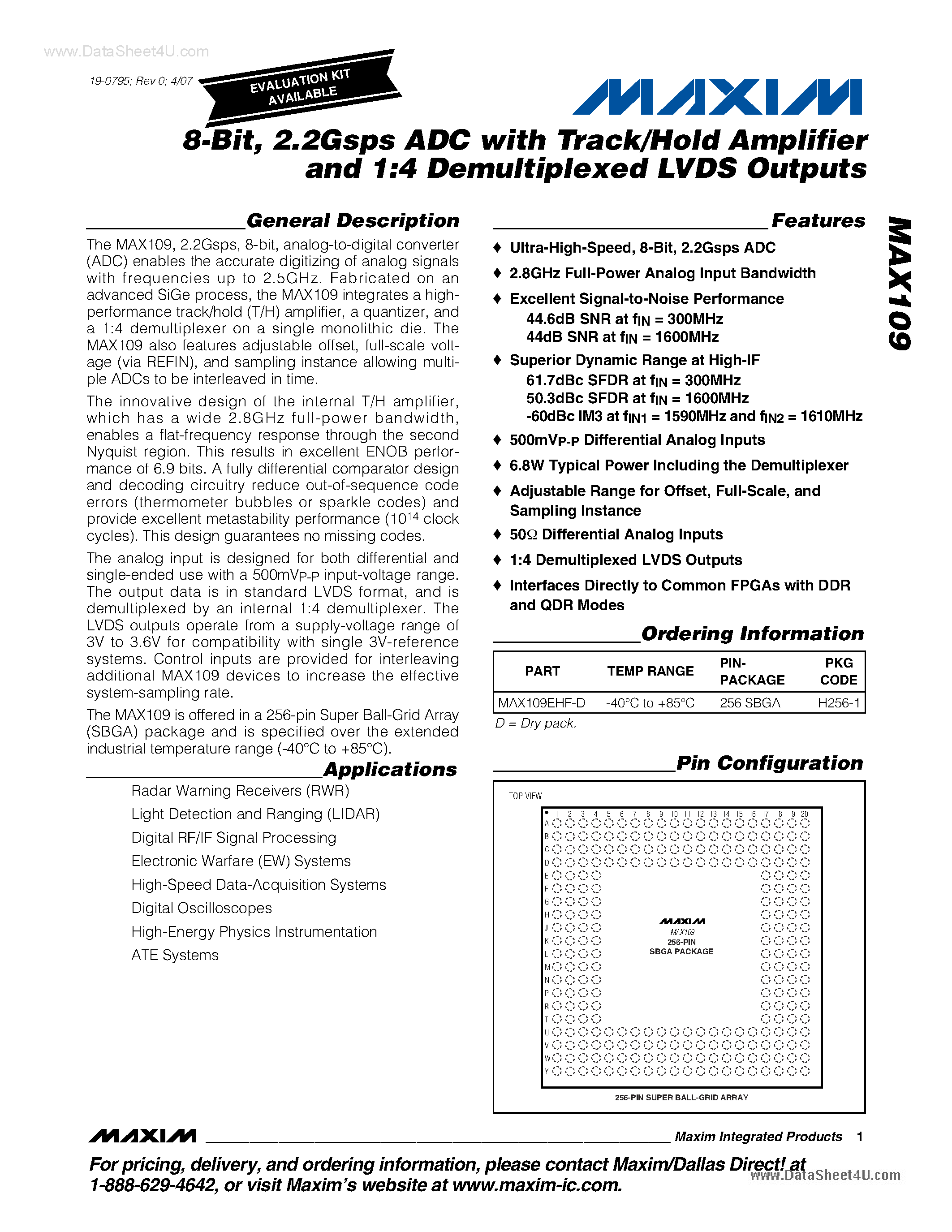 Datasheet MAX109 - 2.2Gsps ADC page 1