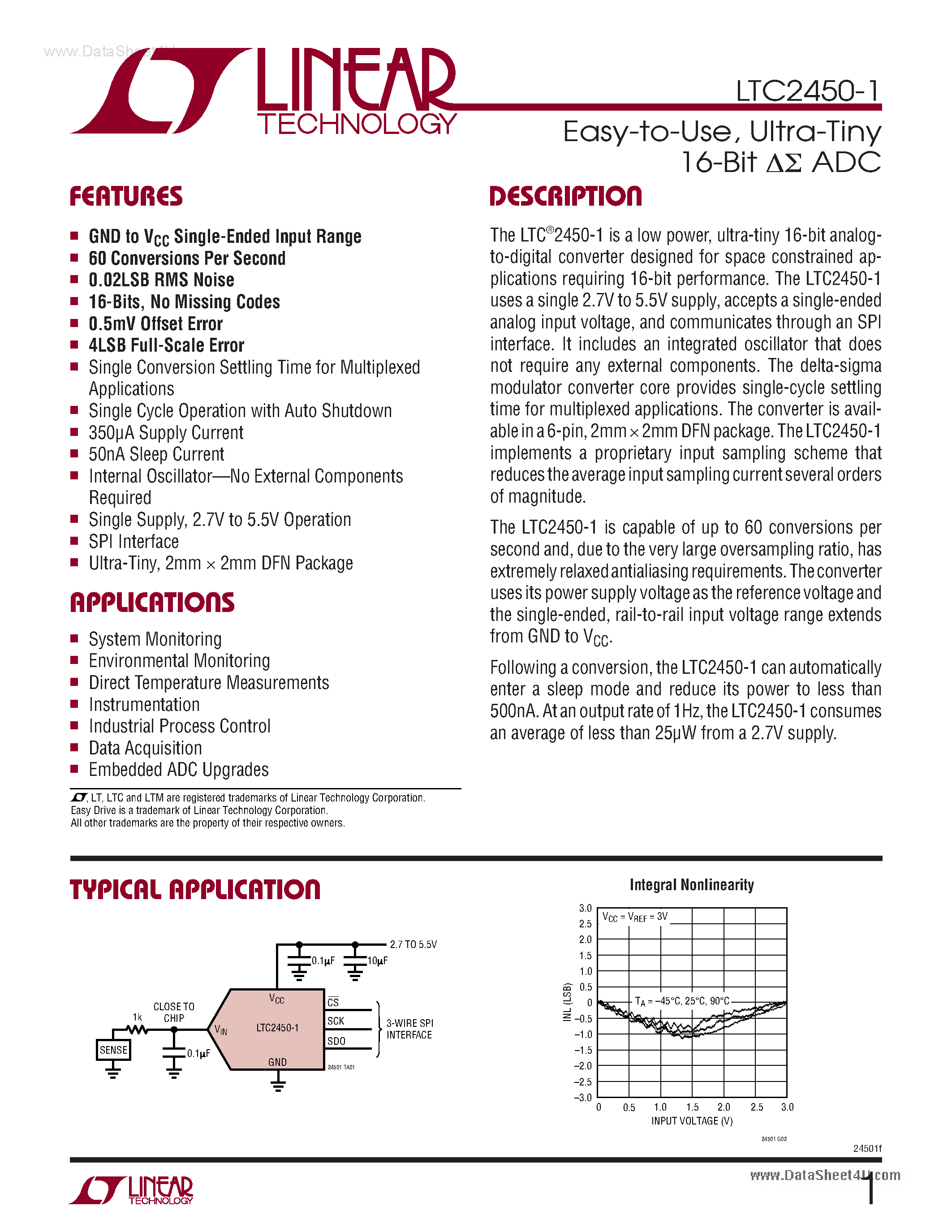 Datasheet LTC2450-1 - Ultra-Tiny 16-Bit Delta Sigma ADC page 1