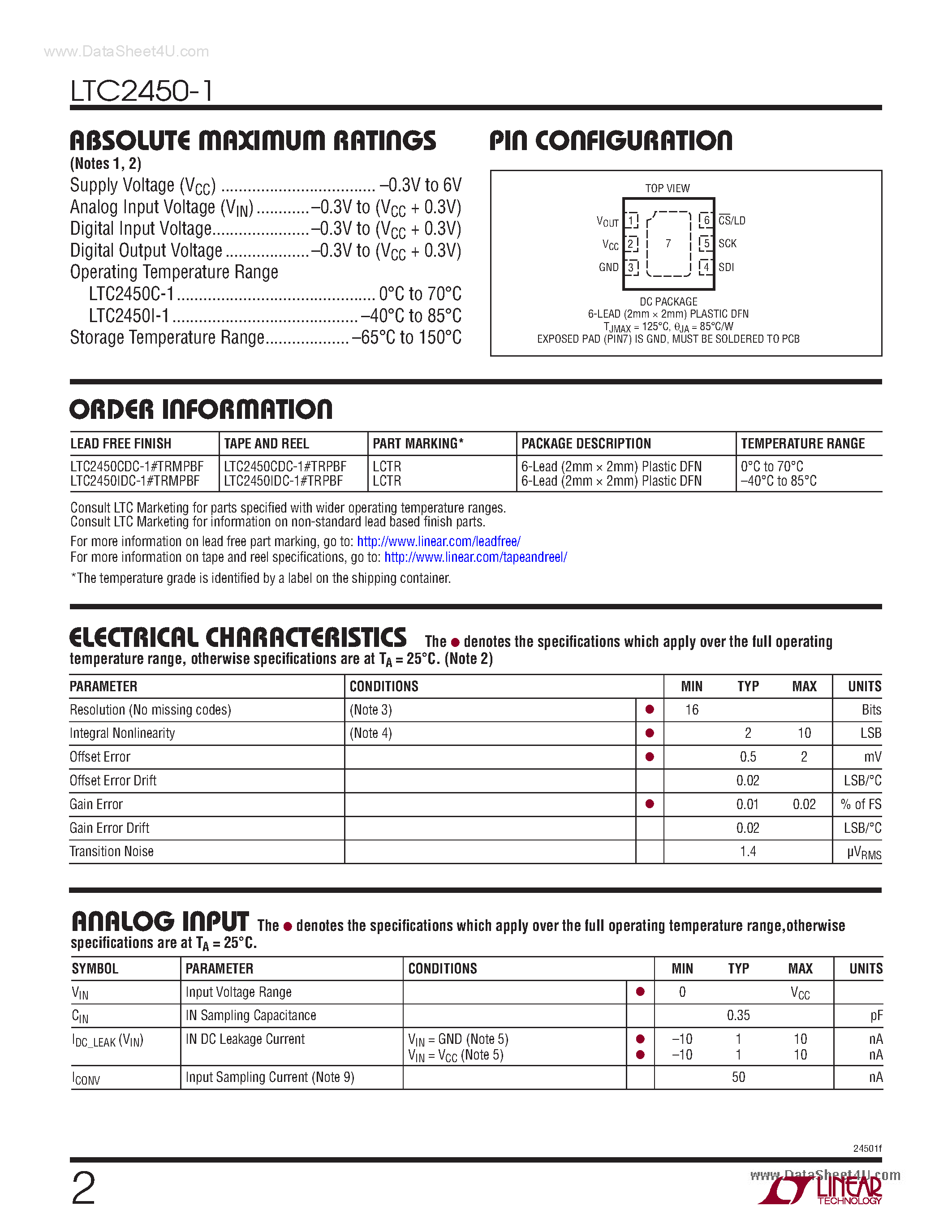 Datasheet LTC2450-1 - Ultra-Tiny 16-Bit Delta Sigma ADC page 2