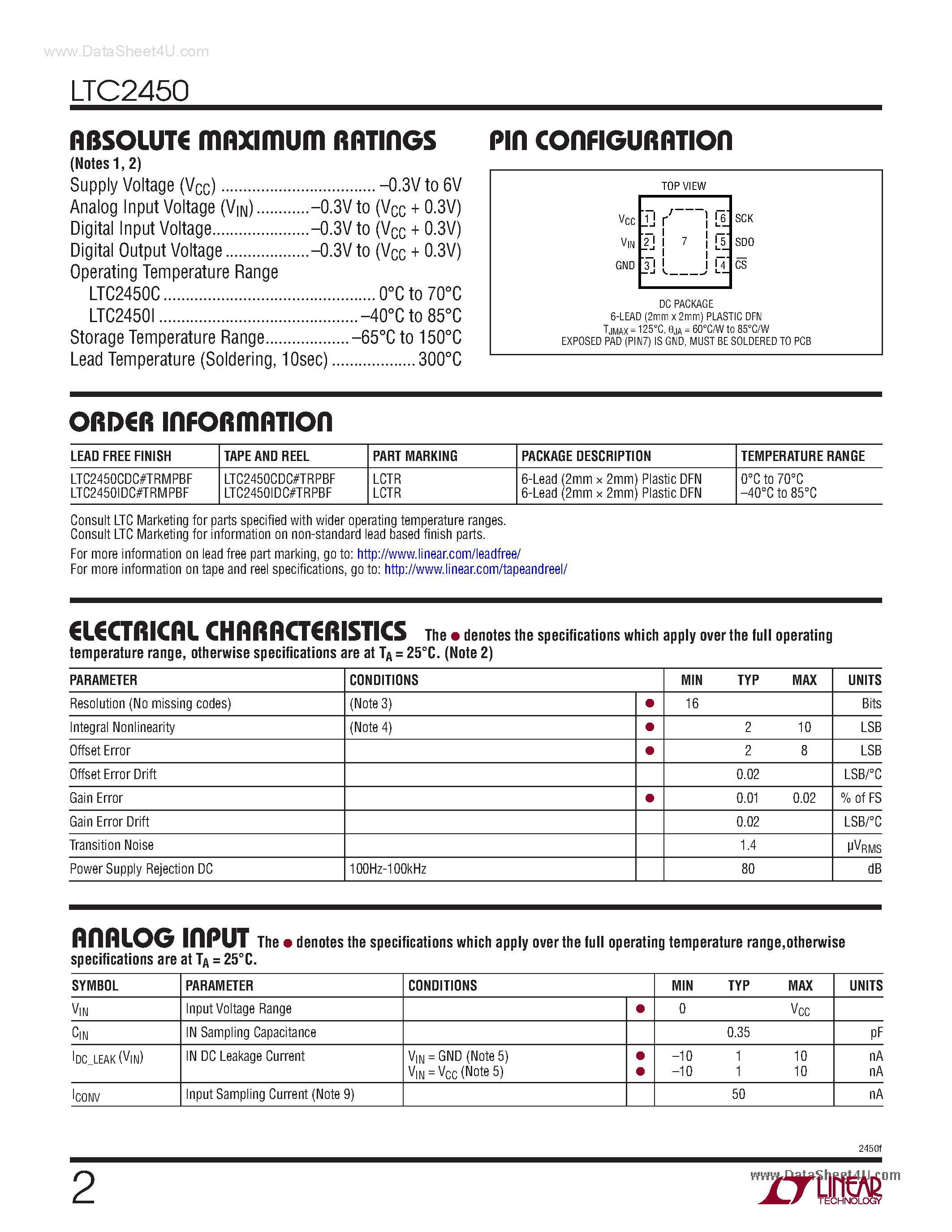 Datasheet LTC2450 - Ultra-Tiny 16-Bit Delta Sigma ADC page 2