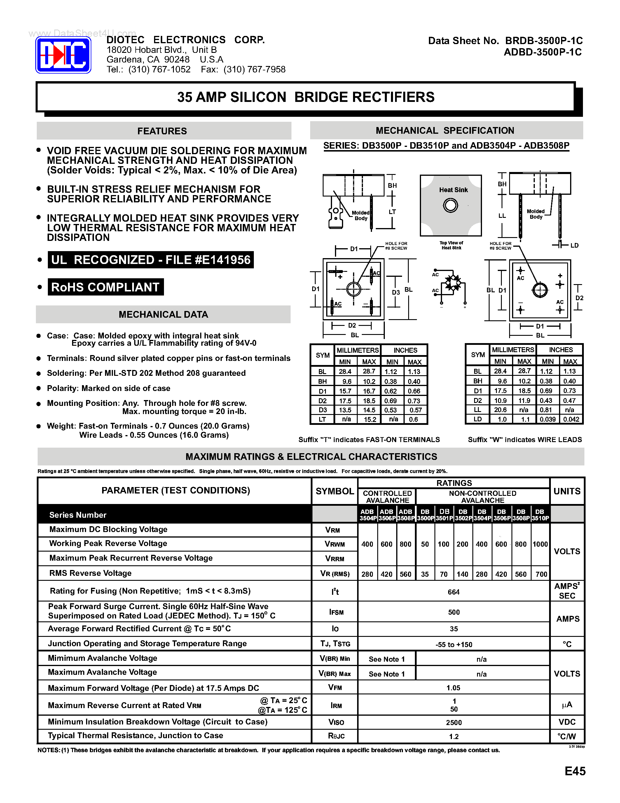 Datasheet ADB3504P page 1 Datasheet ADB3504P - (ADB3504P - ADB3508P) 35 AMP SILICON BRIDGE RECTIFIERS page 1