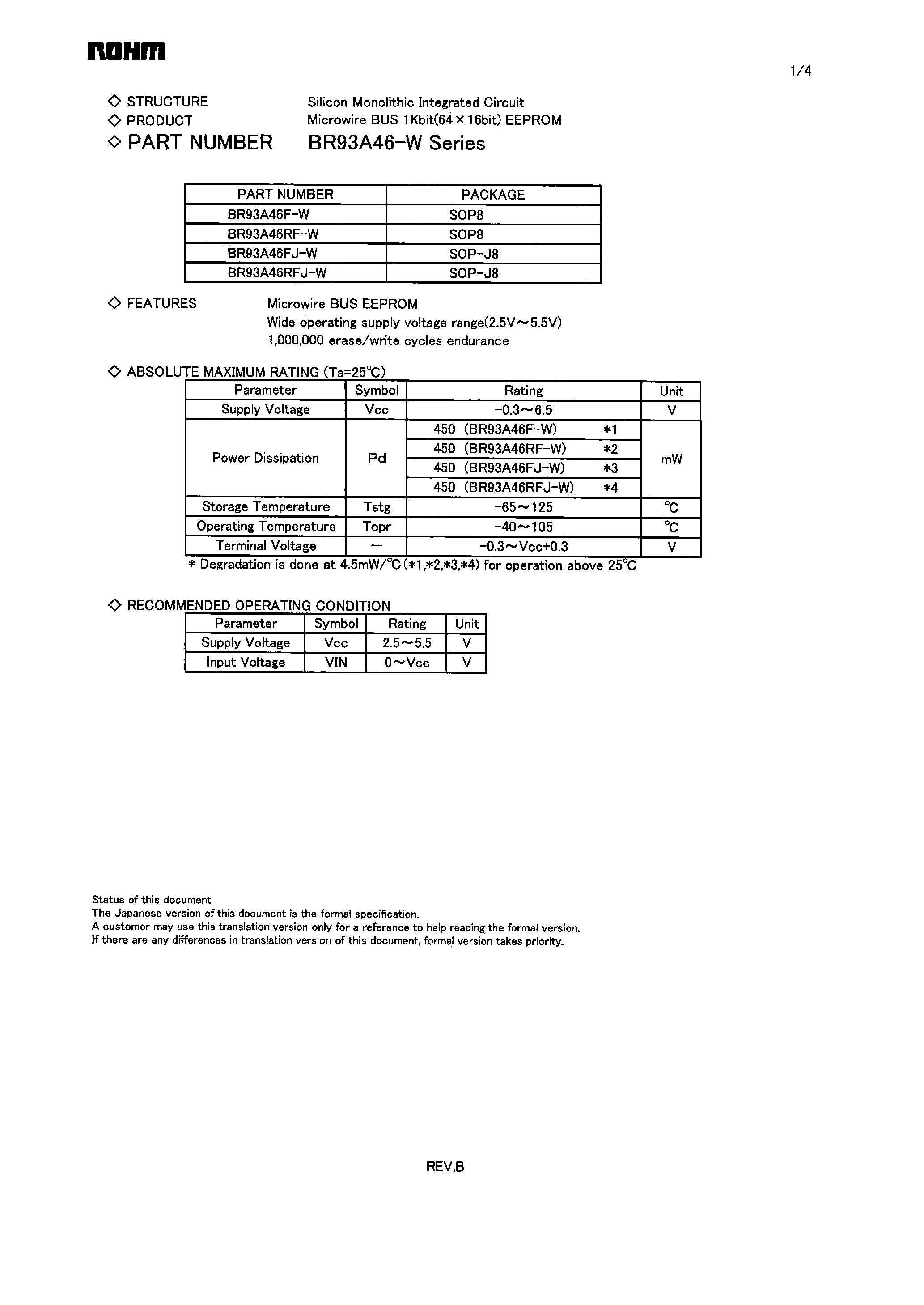 Datasheet BR93A46-W page 1 Datasheet BR93A46-W - Microwire BUS EEPROM page 1