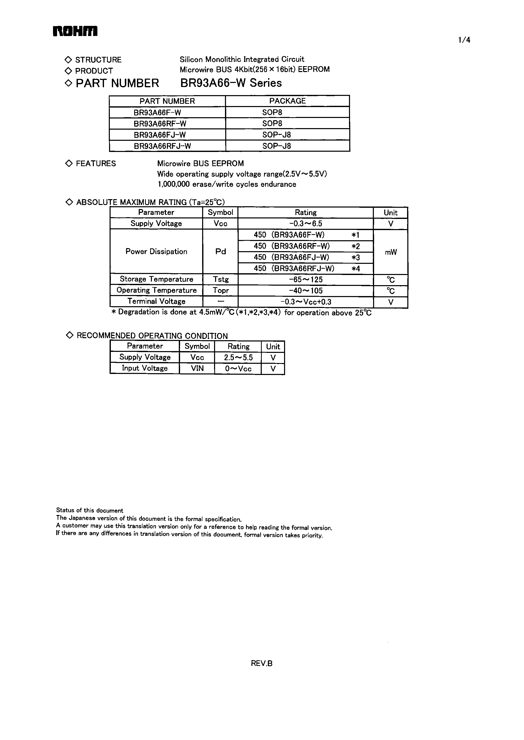 Datasheet BR93A66-W page 1 Datasheet BR93A66-W - Microwire BUS EEPROM page 1