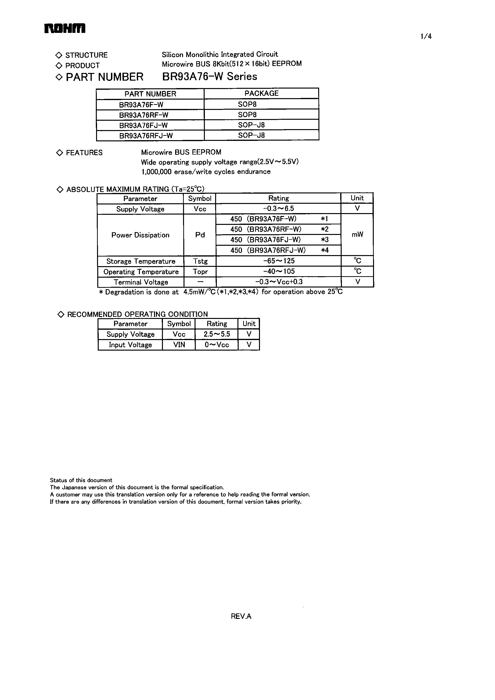 Datasheet BR93A76-W page 1 Datasheet BR93A76-W - Microwire BUS EEPROM page 1
