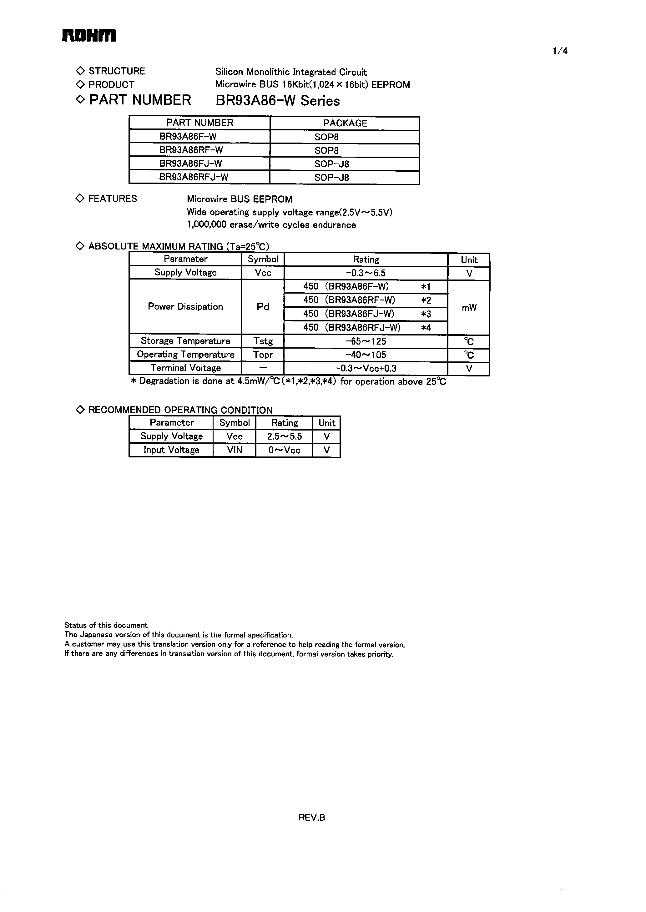 Datasheet BR93A86-W page 1 Datasheet BR93A86-W - Microwire BUS EEPROM page 1