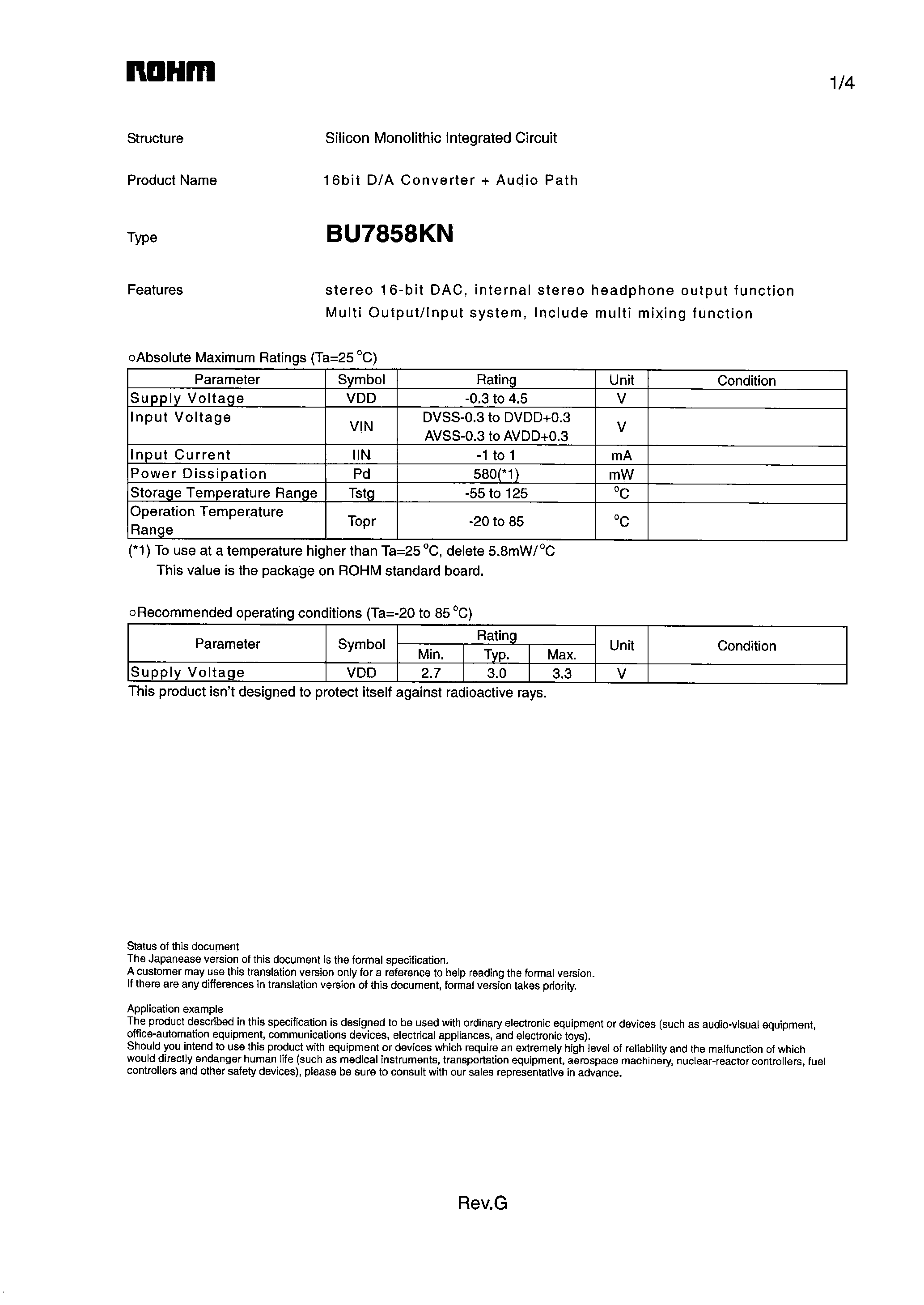 Даташит на микросхему BU7858KN страница 1 Даташит BU7858KN - 16bit D/A Converter Audio Path страница 1