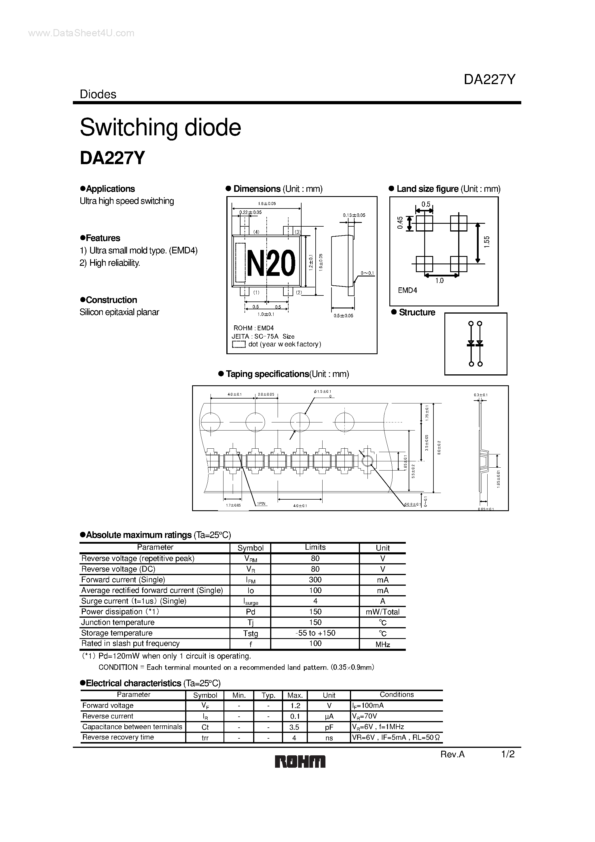 Даташит на микросхему DA227Y страница 1 Даташит DA227Y - Switching diode страница 1