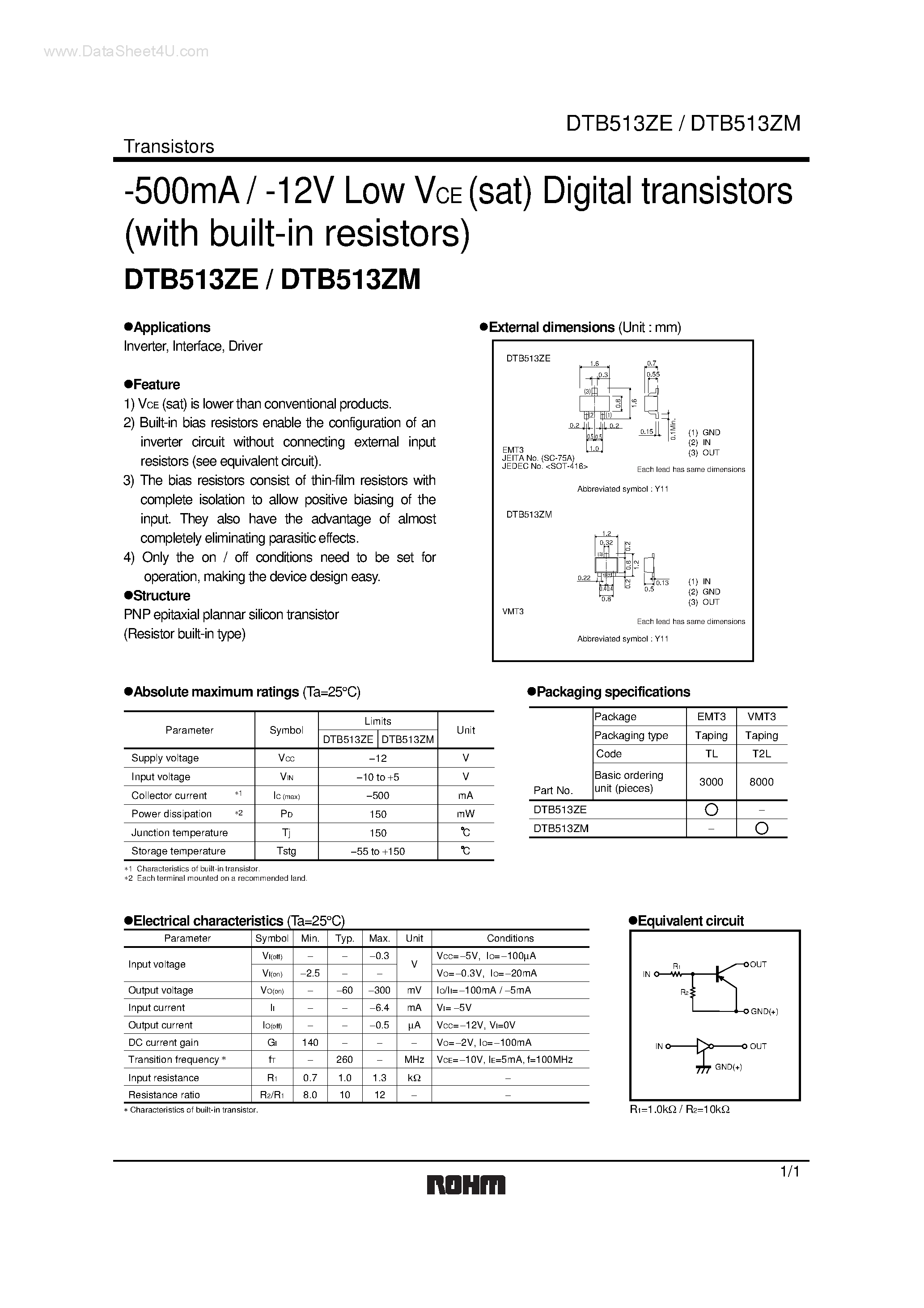 Даташит DTB513ZE - (DTB513ZE / DTB513ZM) Digital transistors страница 1