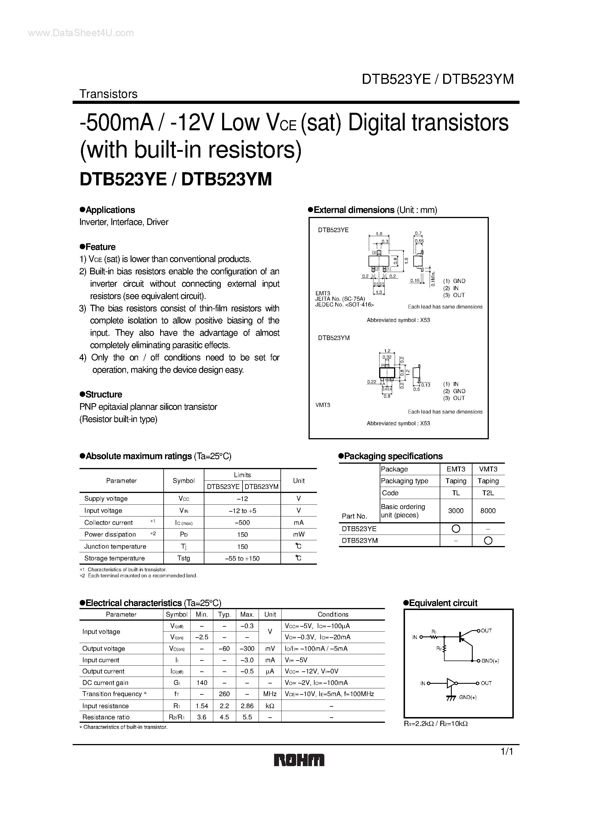 Даташит DTB523YE - (DTB523YE / DTB523YM) Digital transistors страница 1