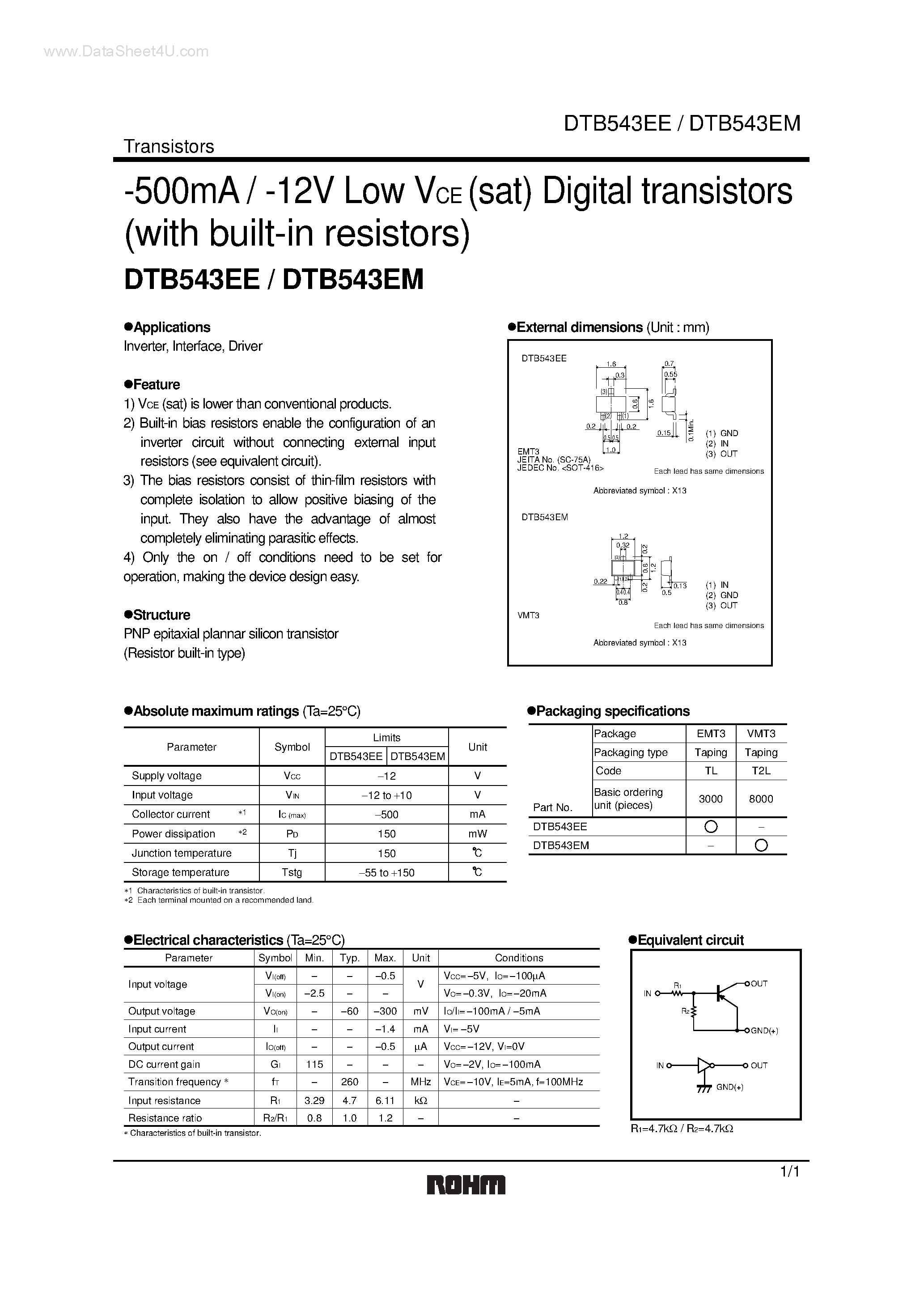 Даташит DTB543EE - (DTB543EE / DTB543EM) Digital transistors страница 1