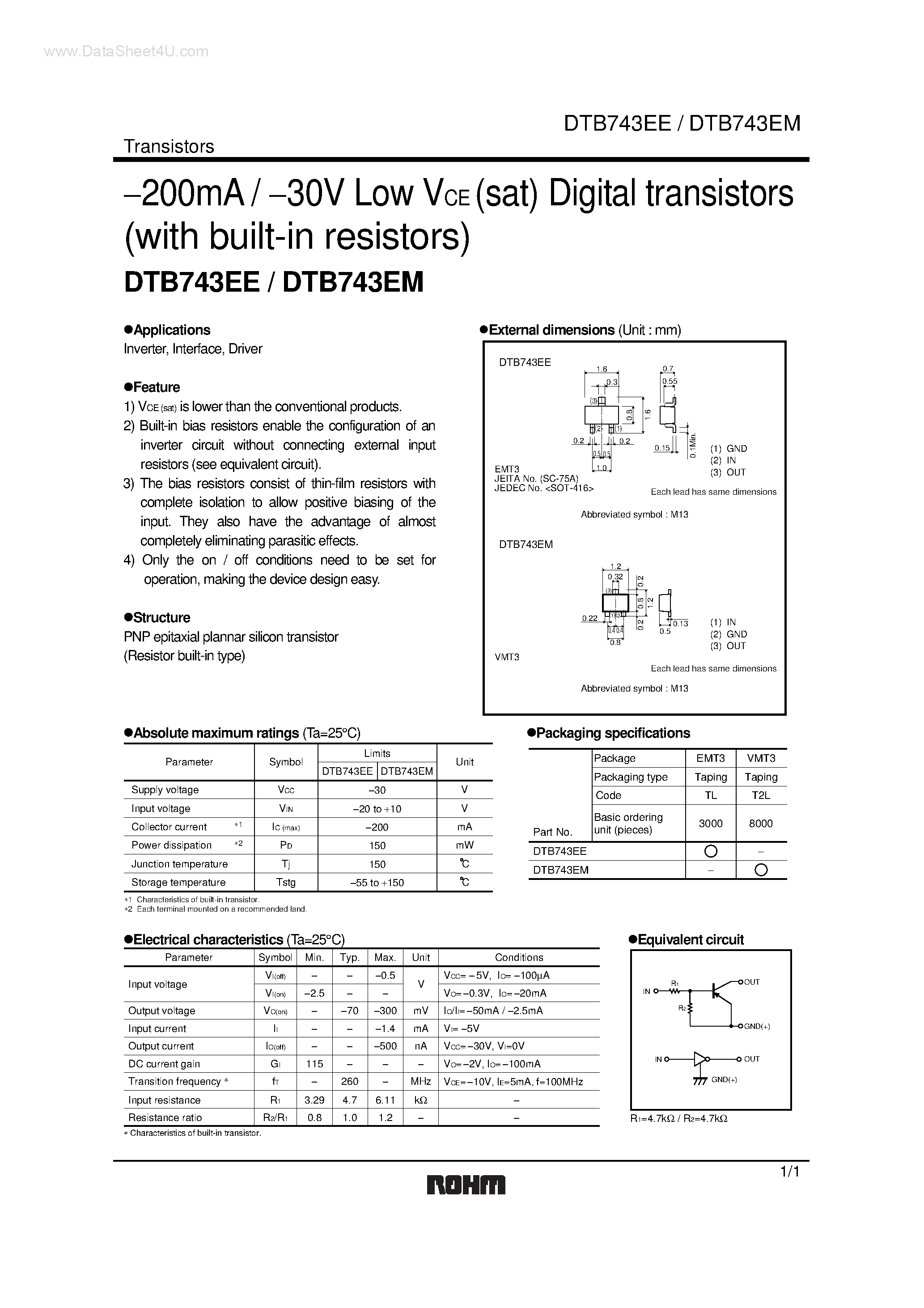 Даташит DTB743EE - (DTB743EE / DTB743EM) Digital transistors страница 1