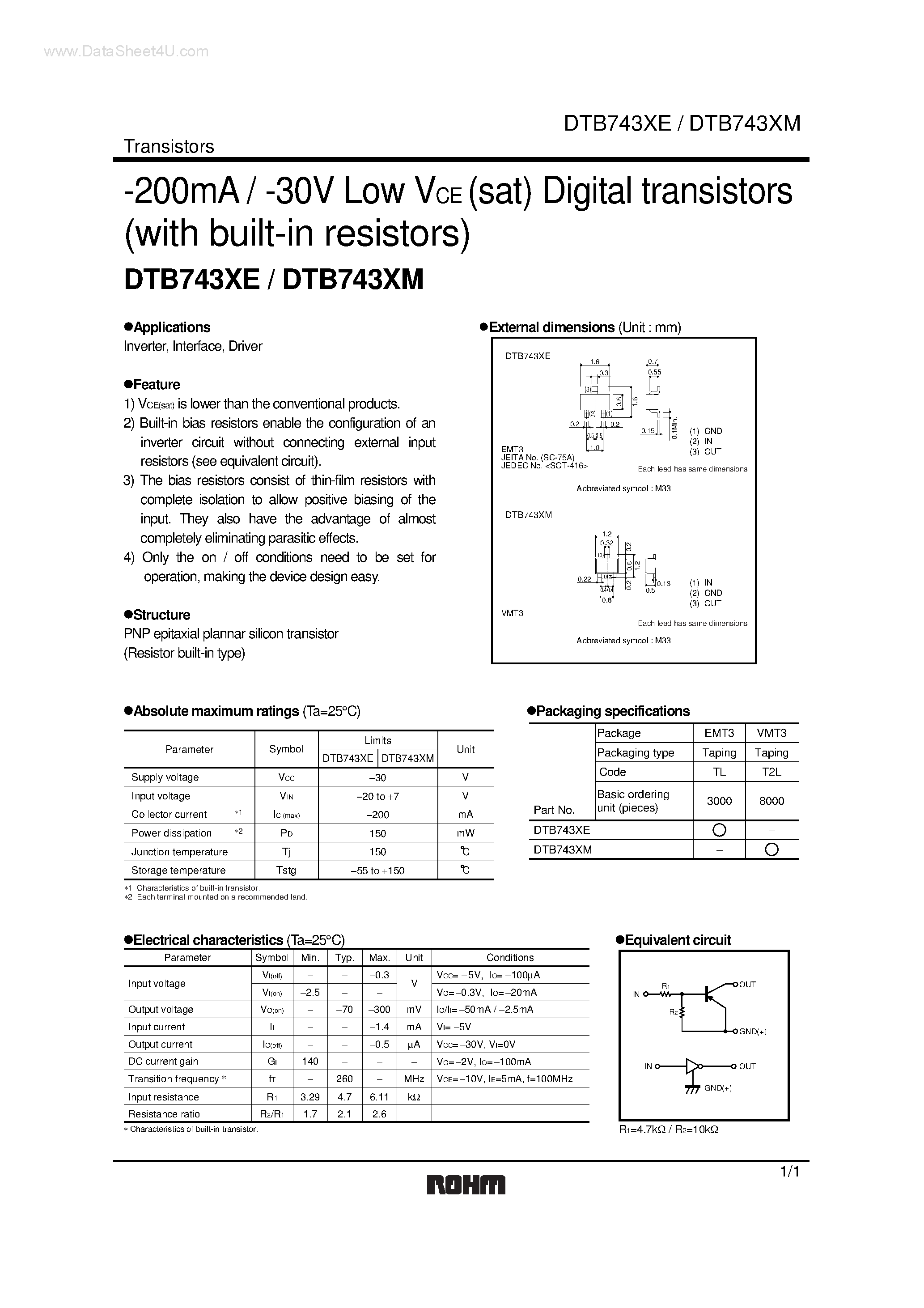 Даташит DTB743XE - (DTB743XE / DTB743XM) Digital transistors страница 1
