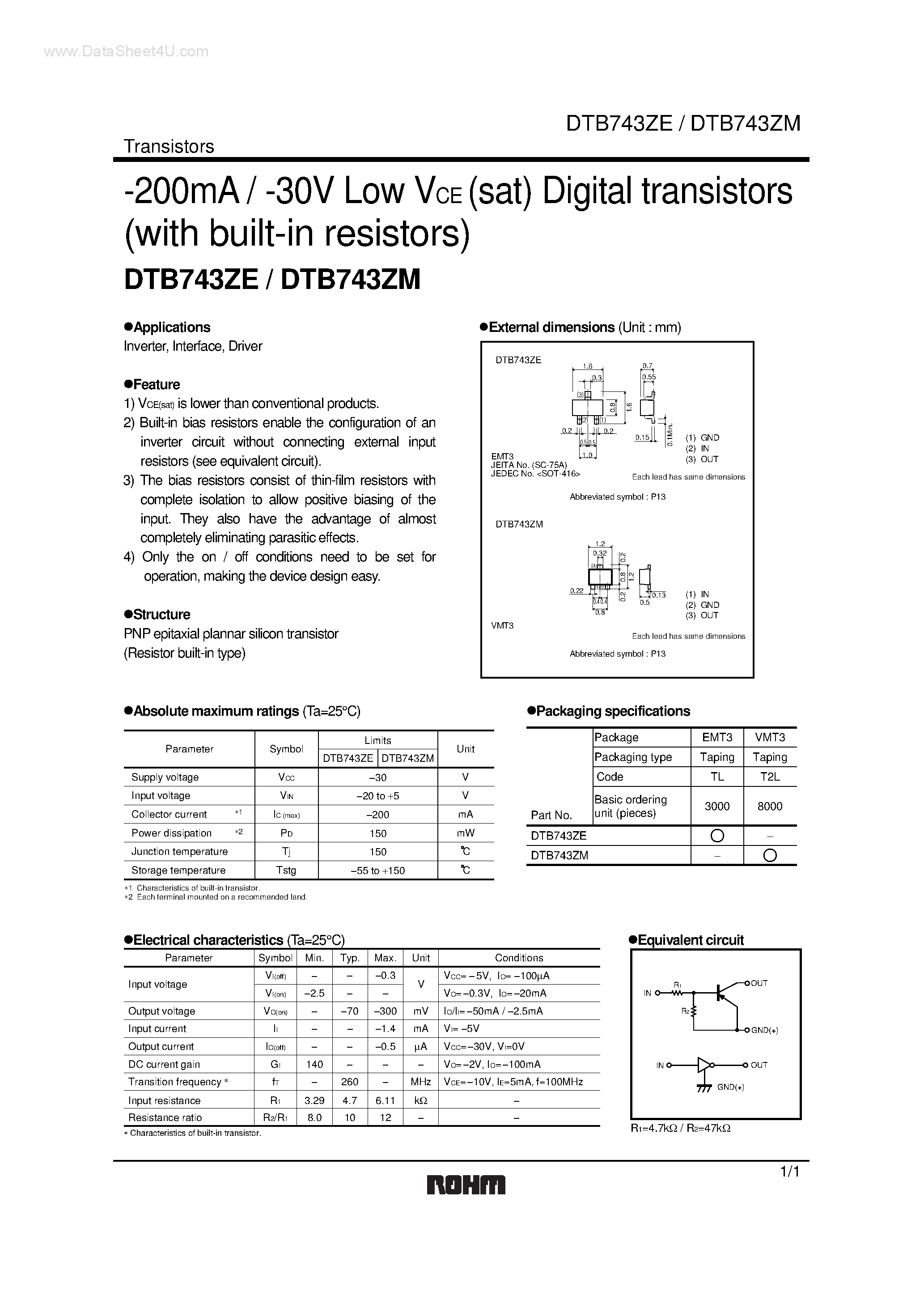 Даташит DTB743ZE - (DTB743ZE / DTB743ZM) Digital transistors страница 1