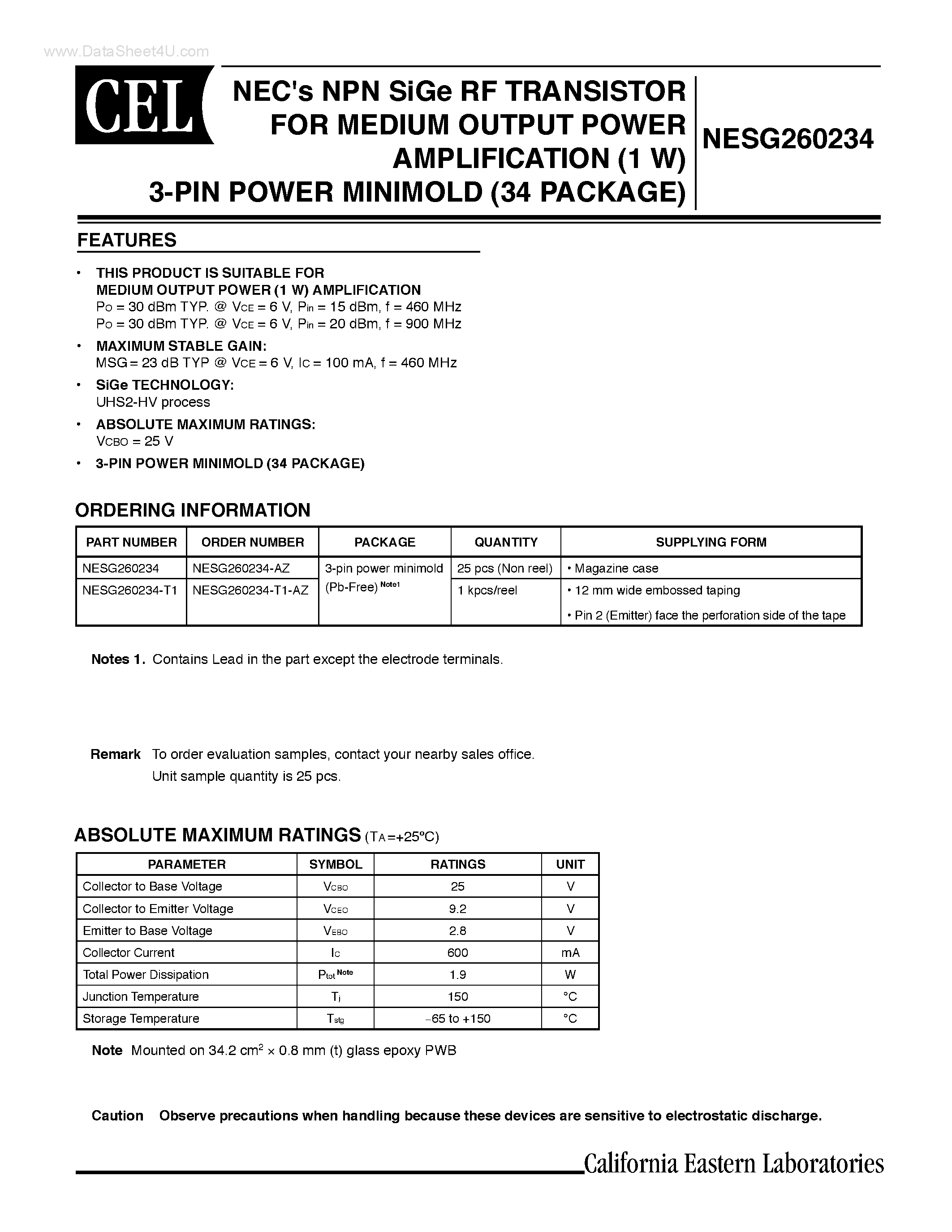 Datasheet NESG260234 - 3-PIN POWER MINIMOLD page 1