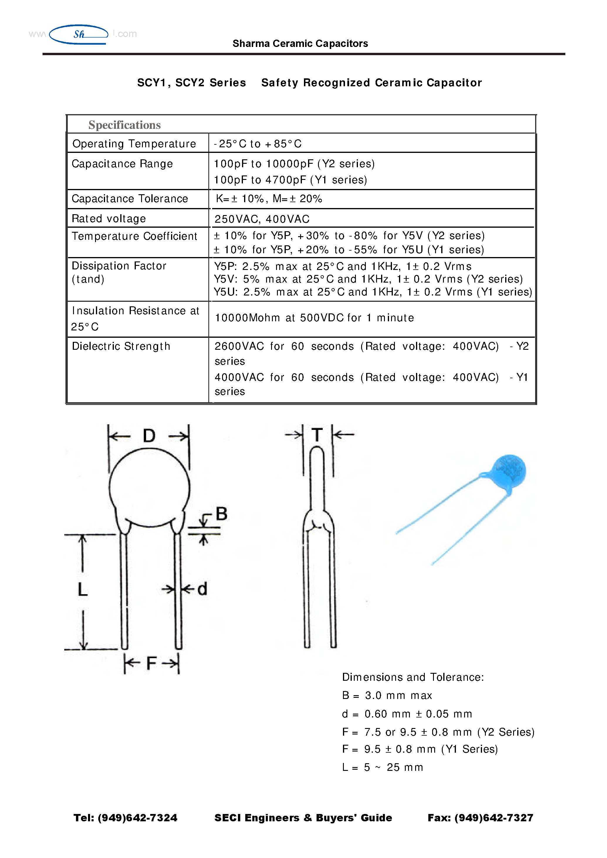 Datasheet SCY1 - (SCY1 / SCY2) Sharma Ceramic Capacitors page 1