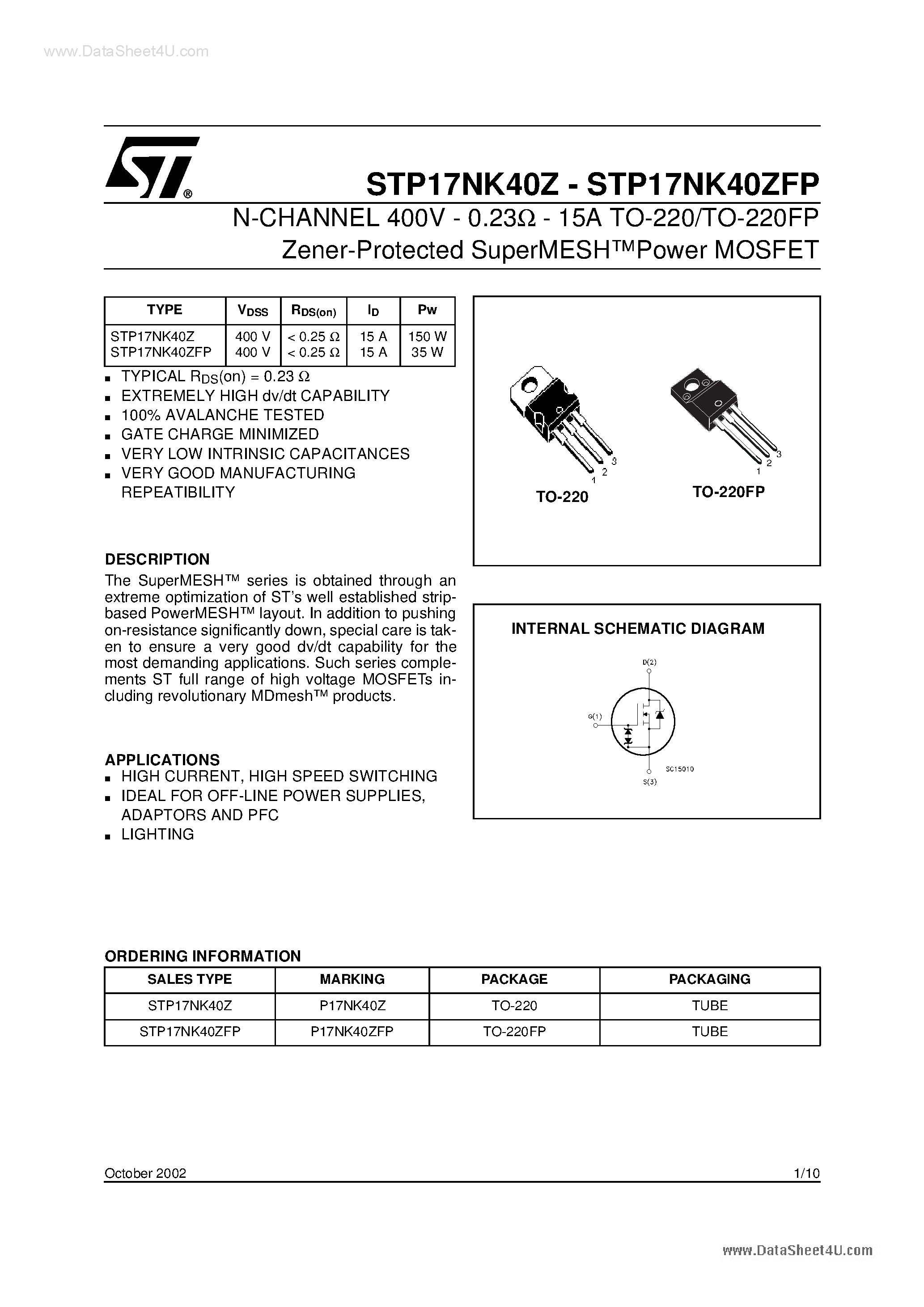 Даташит STP17NK40Z - N-CHANNEL Power MOSFET страница 1