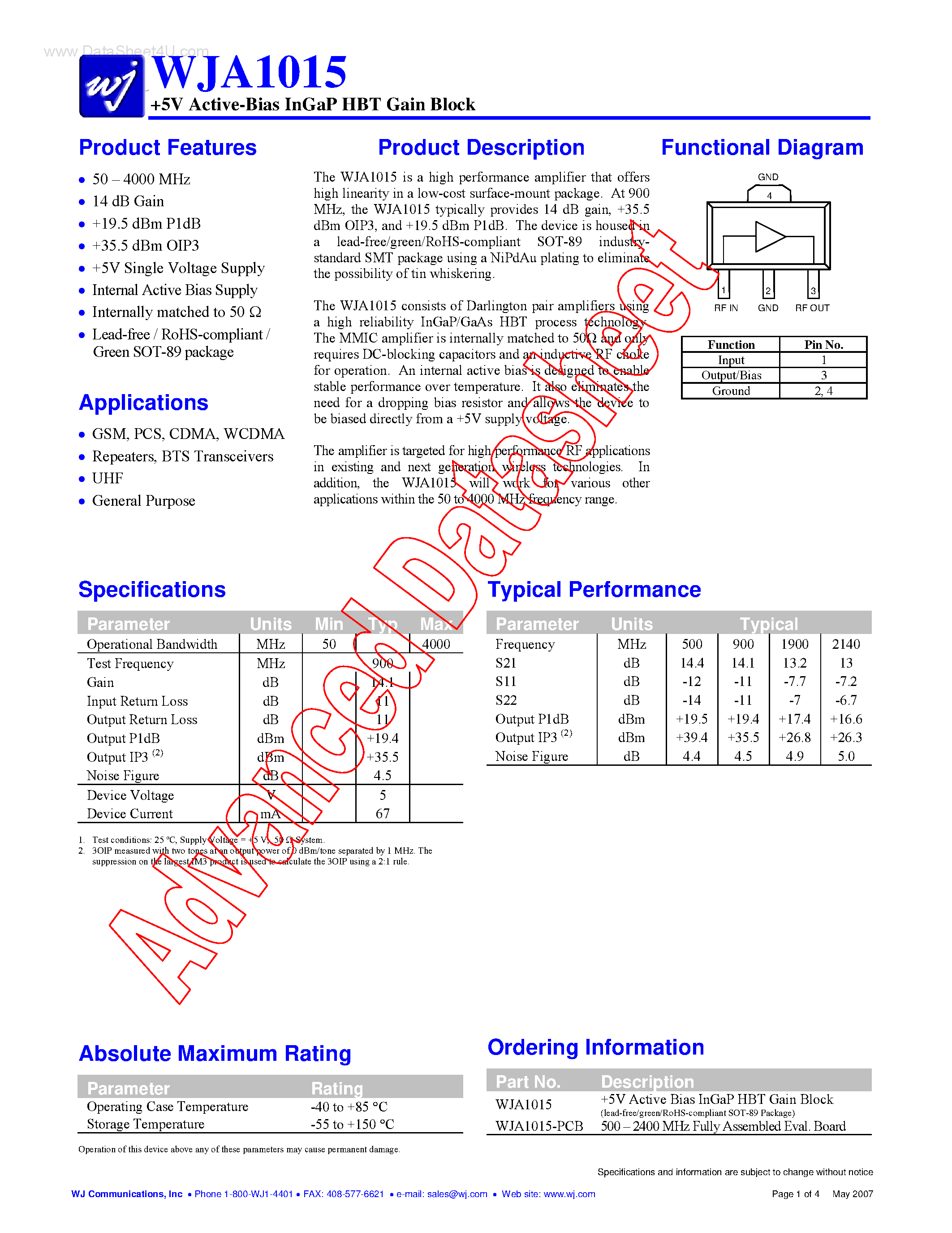 Datasheet WJA1015 page 1 Datasheet WJA1015 - 5V Active-Bias InGaP HBT Gain Block page 1