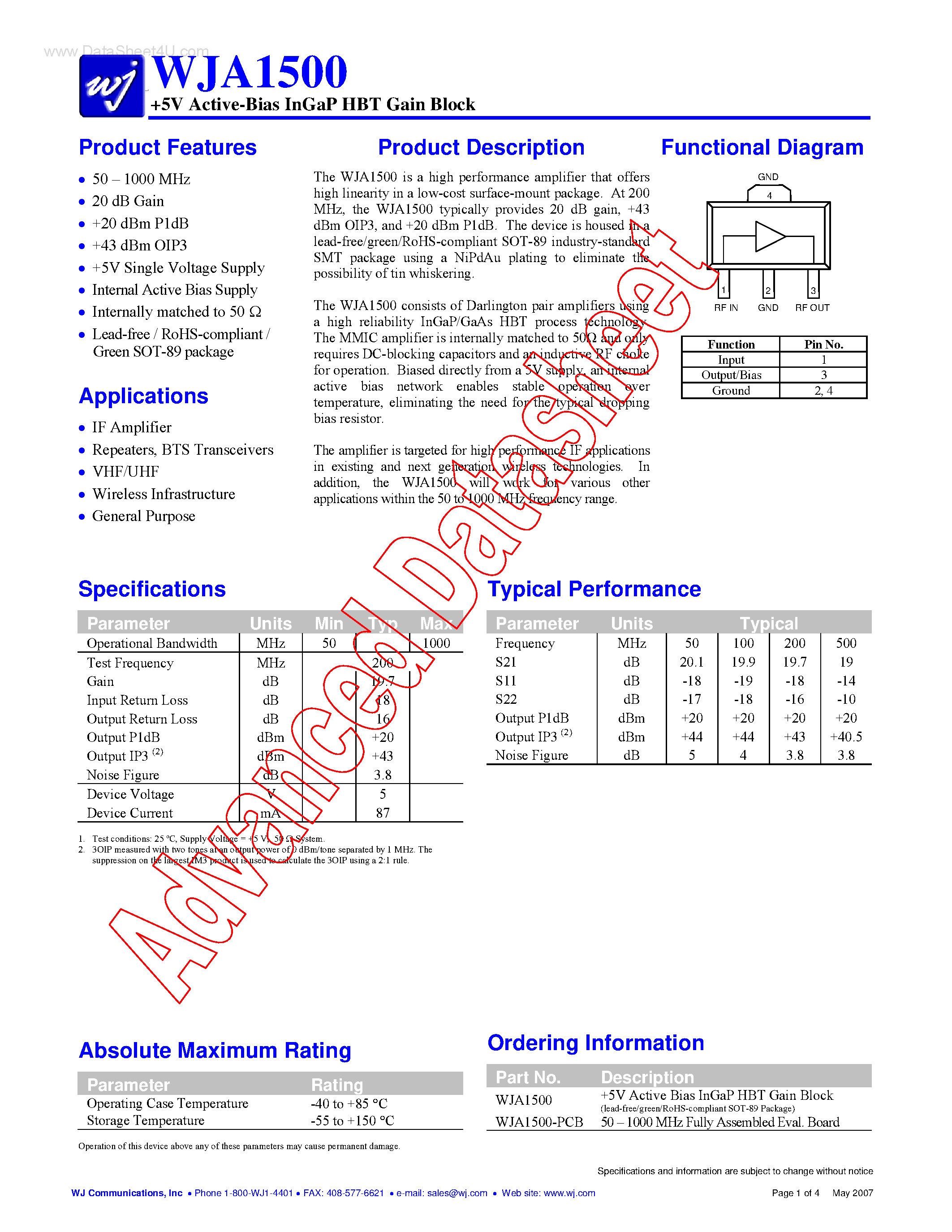 Datasheet WJA1500 page 1 Datasheet WJA1500 - 5V Active-Bias InGaP HBT Gain Block page 1