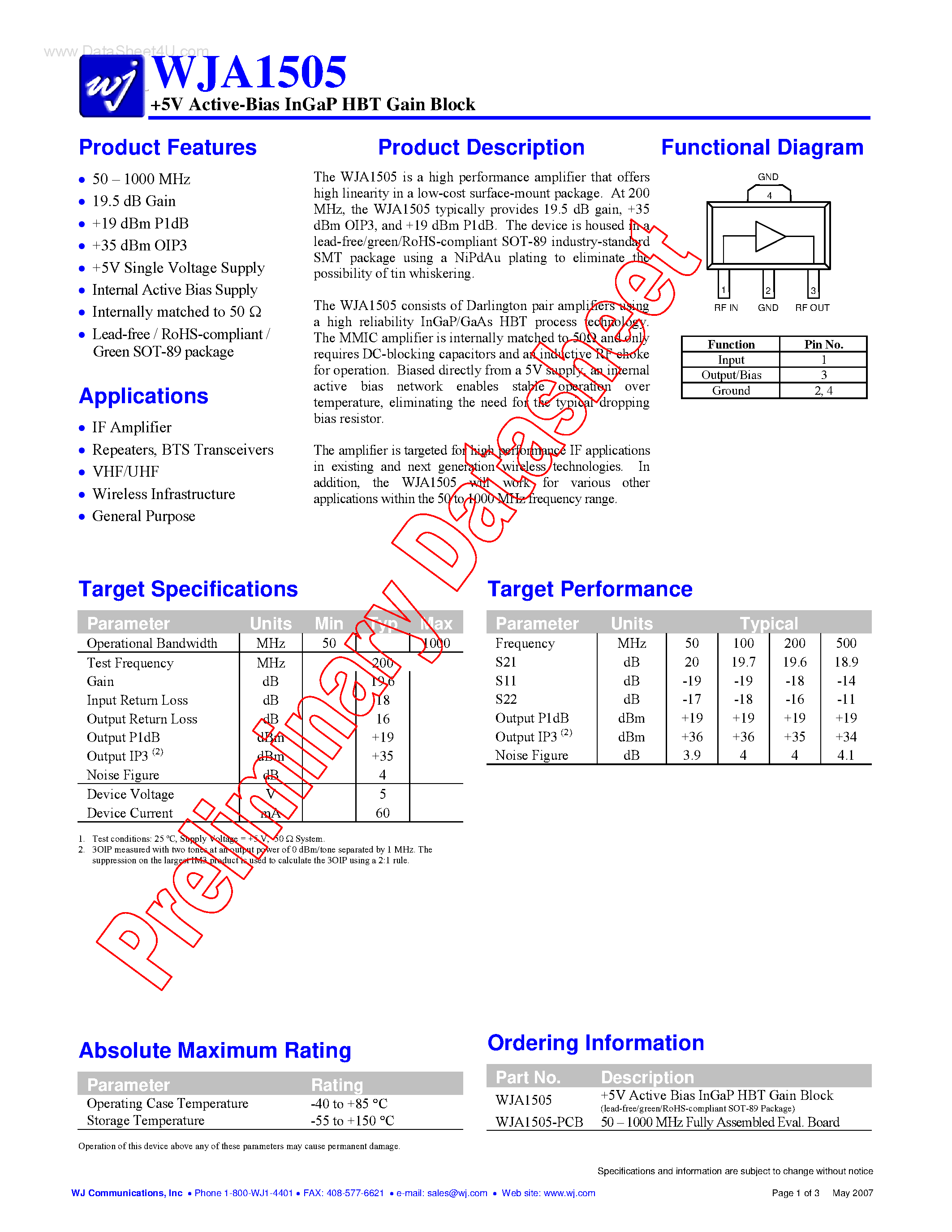 Datasheet WJA1505 page 1 Datasheet WJA1505 - 5V Active-Bias InGaP HBT Gain Block page 1