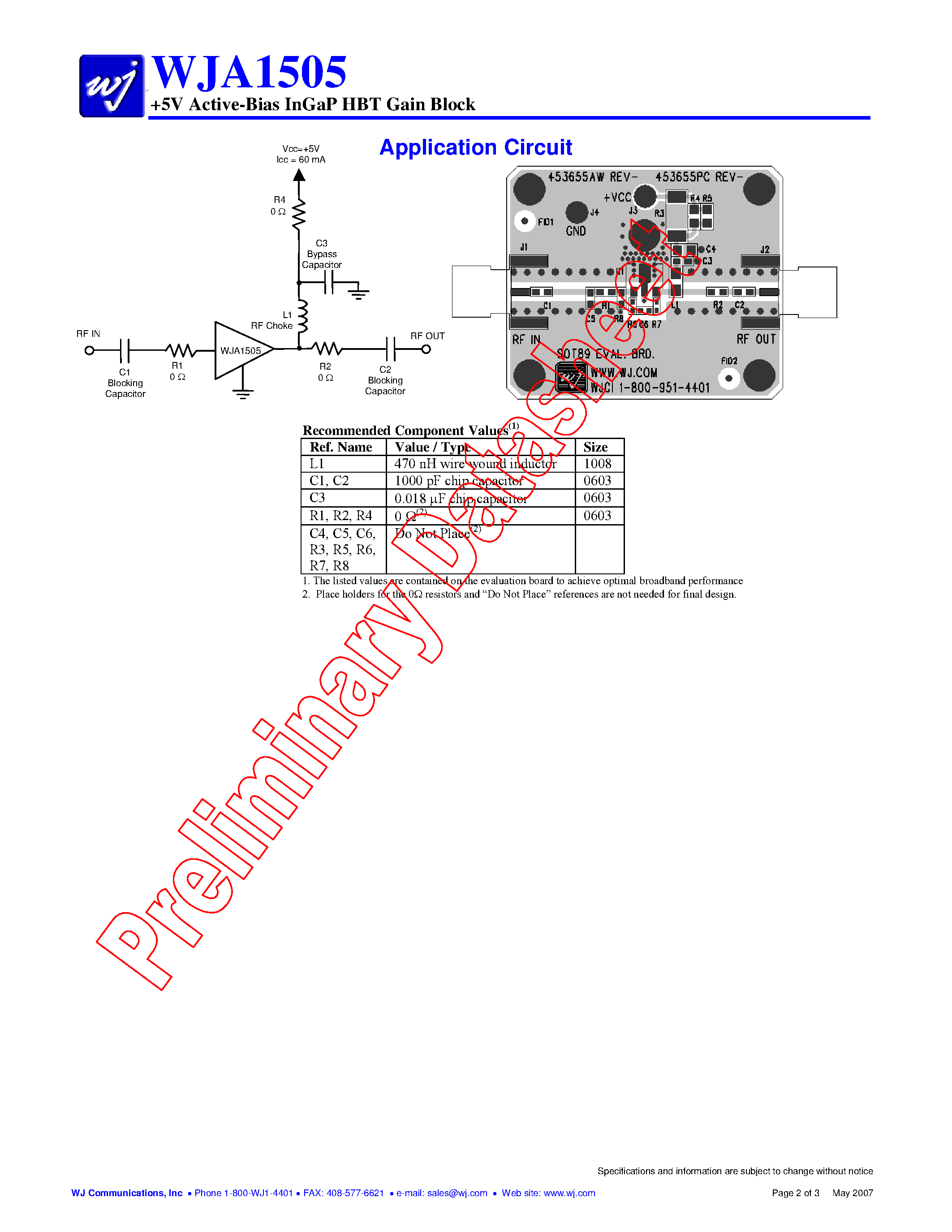 Datasheet WJA1505 page 2 Datasheet WJA1505 - 5V Active-Bias InGaP HBT Gain Block page 2