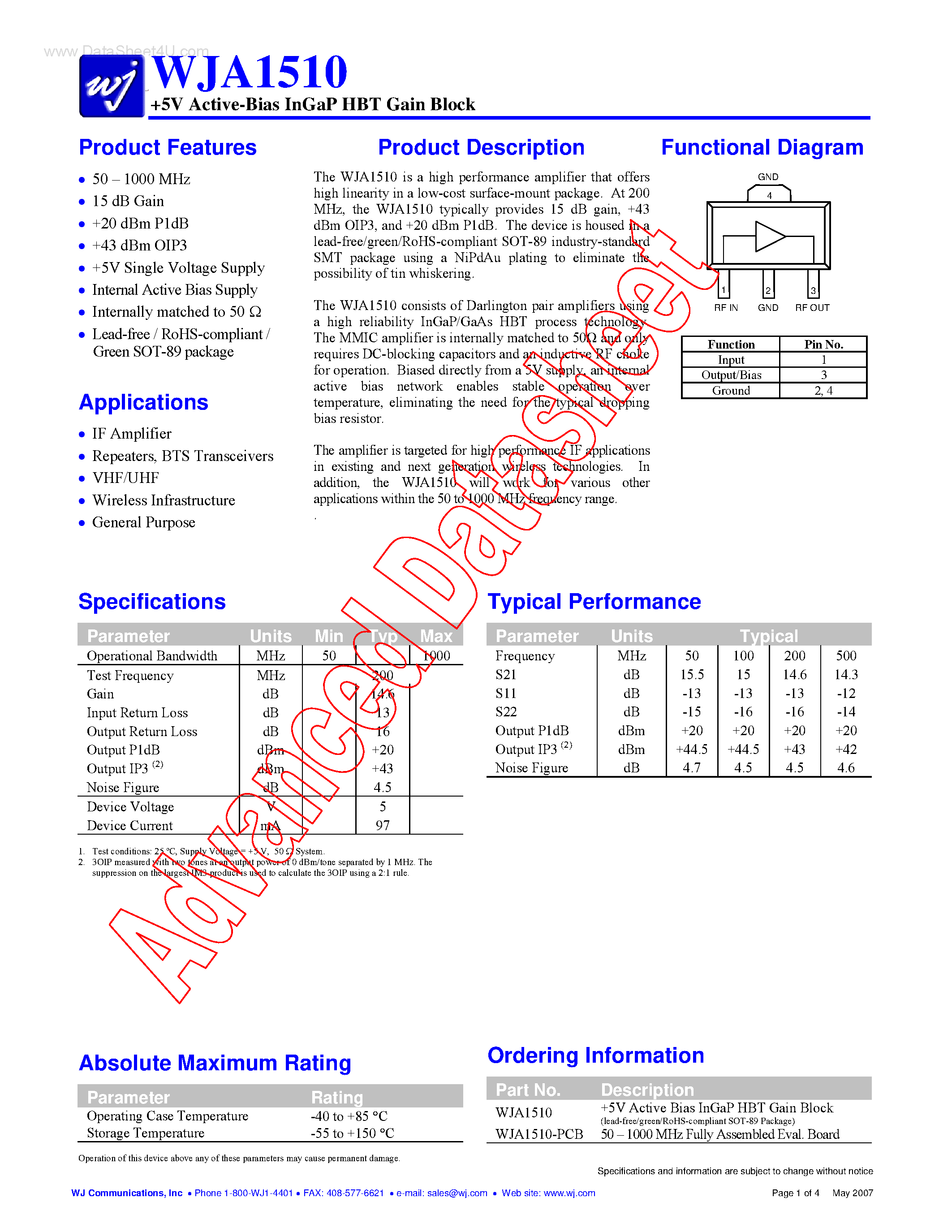 Datasheet WJA1510 page 1 Datasheet WJA1510 - 5V Active-Bias InGaP HBT Gain Block page 1