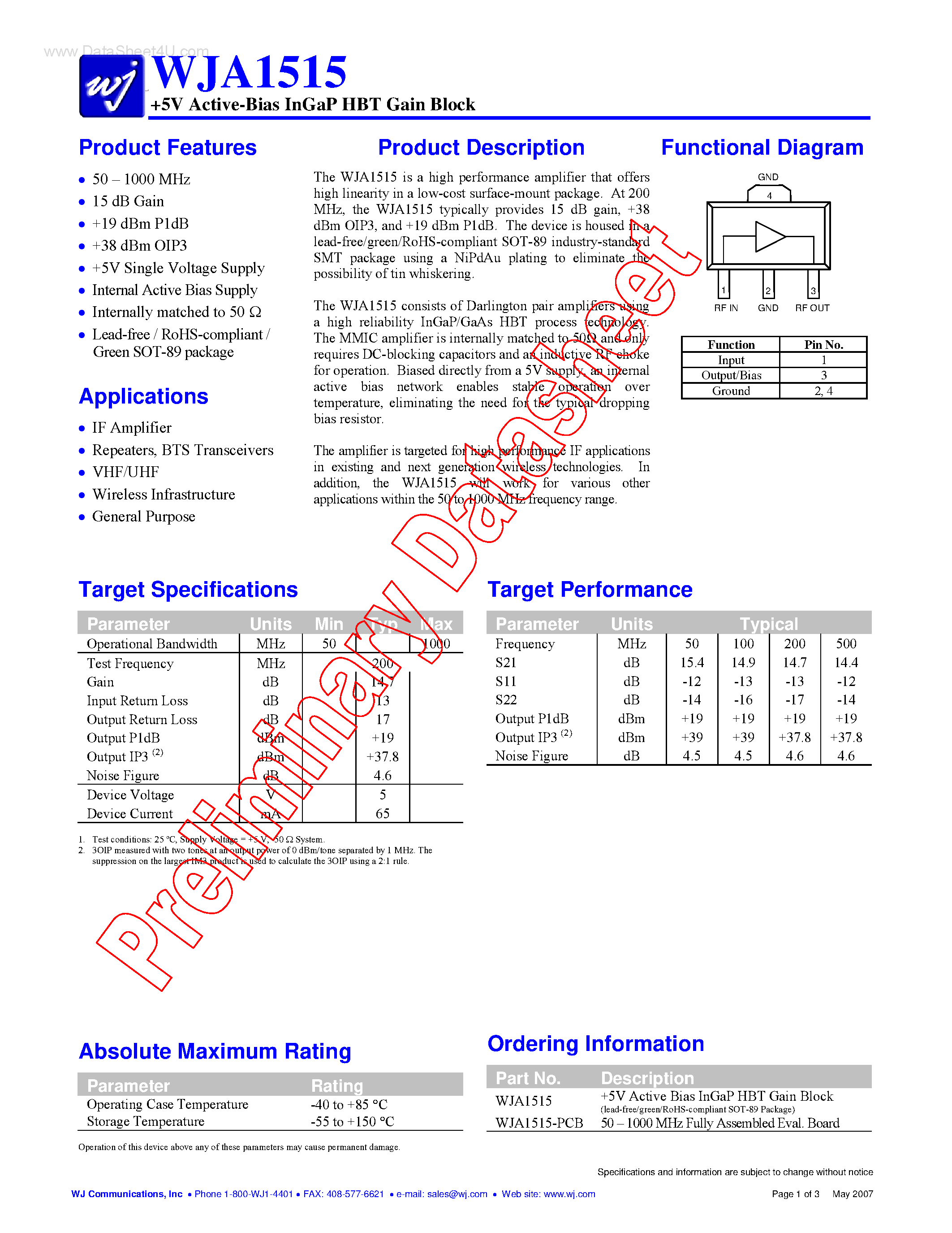 Datasheet WJA1515 page 1 Datasheet WJA1515 - 5V Active-Bias InGaP HBT Gain Block page 1