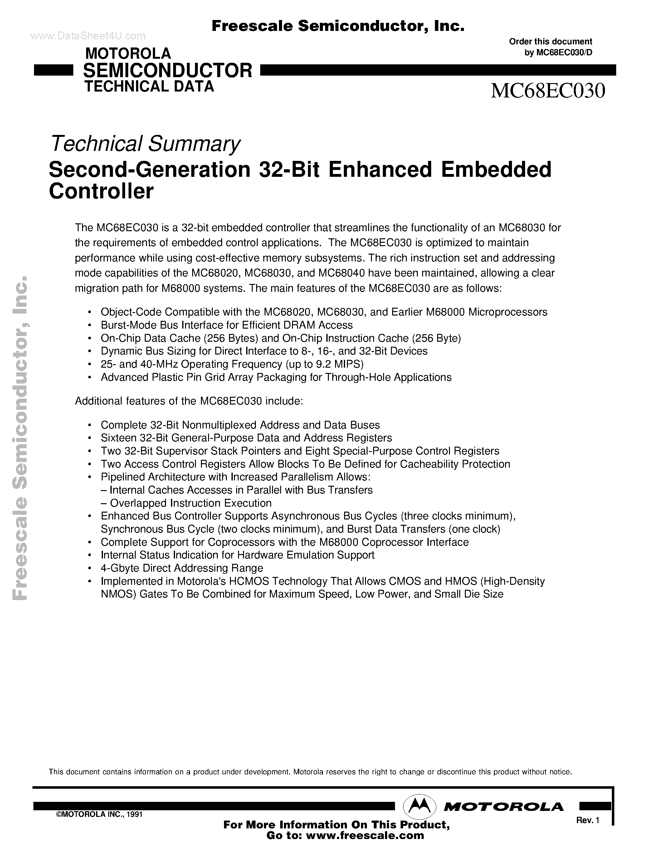Datasheet MC68EC030 - Second-Generation 32-Bit Enhanced Embedded Controller page 1