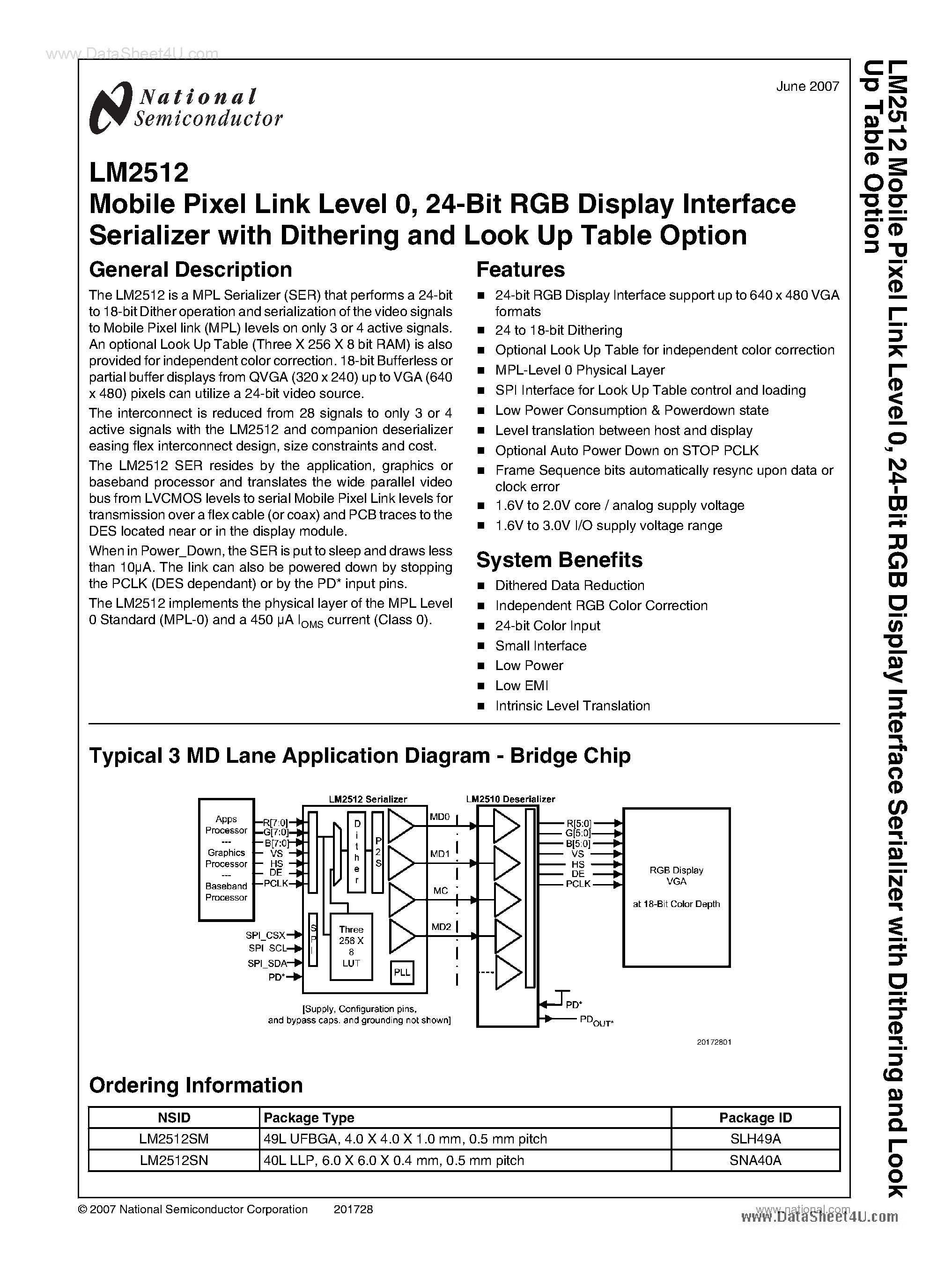 Даташит LM2512 - Mobile Pixel Link Level 0 / 24-Bit RGB Display Interface Serializer страница 1