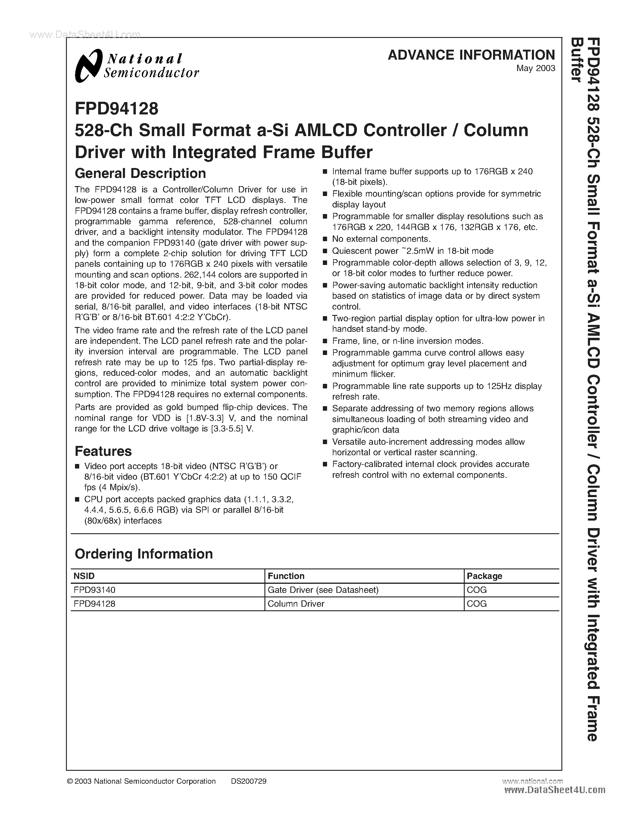 Datasheet FPD94128 - 528-Ch Small Format a-Si AMLCD Controller / Column Driver page 1