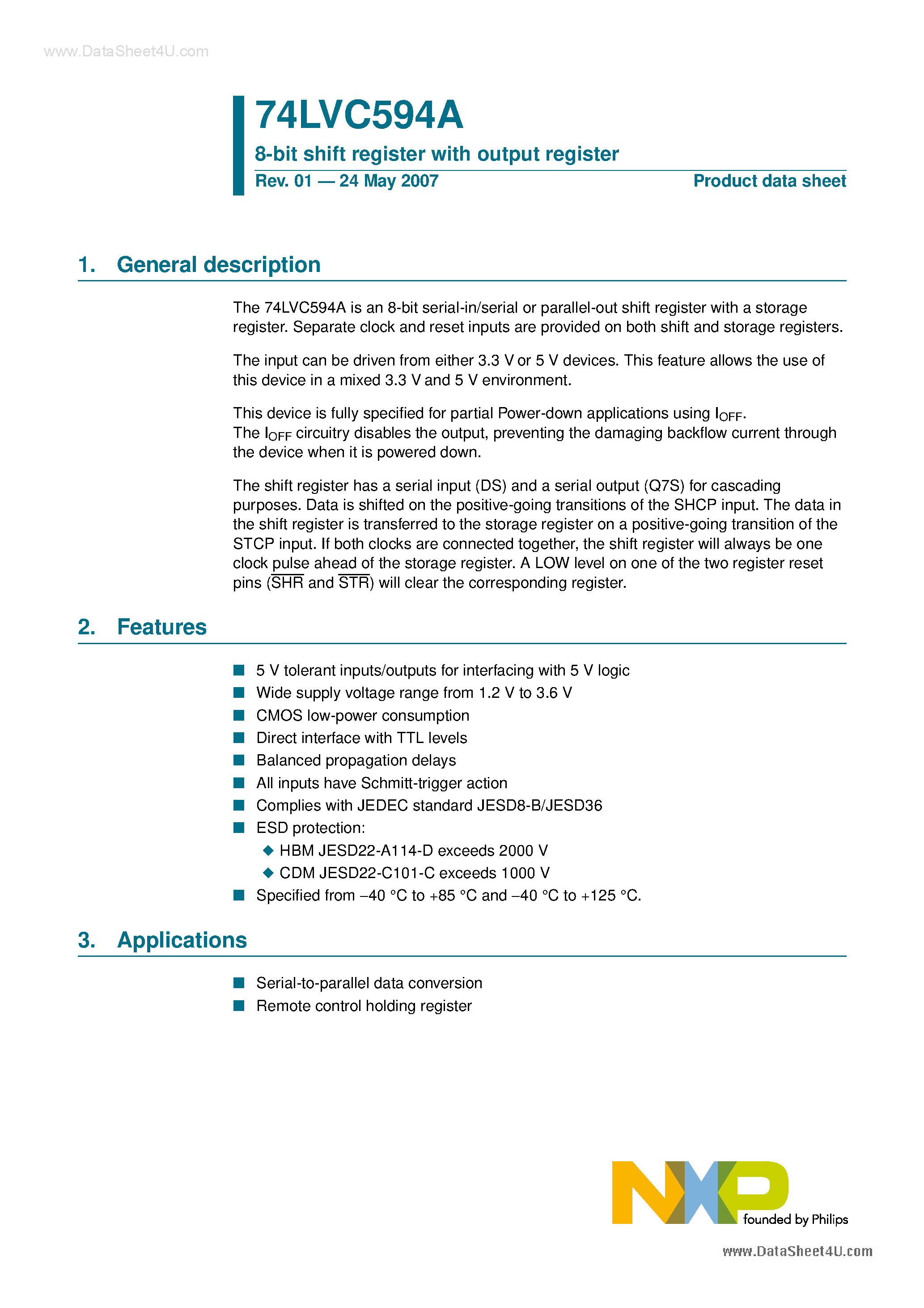 Datasheet 74LVC594A - 8-bit shift register page 1
